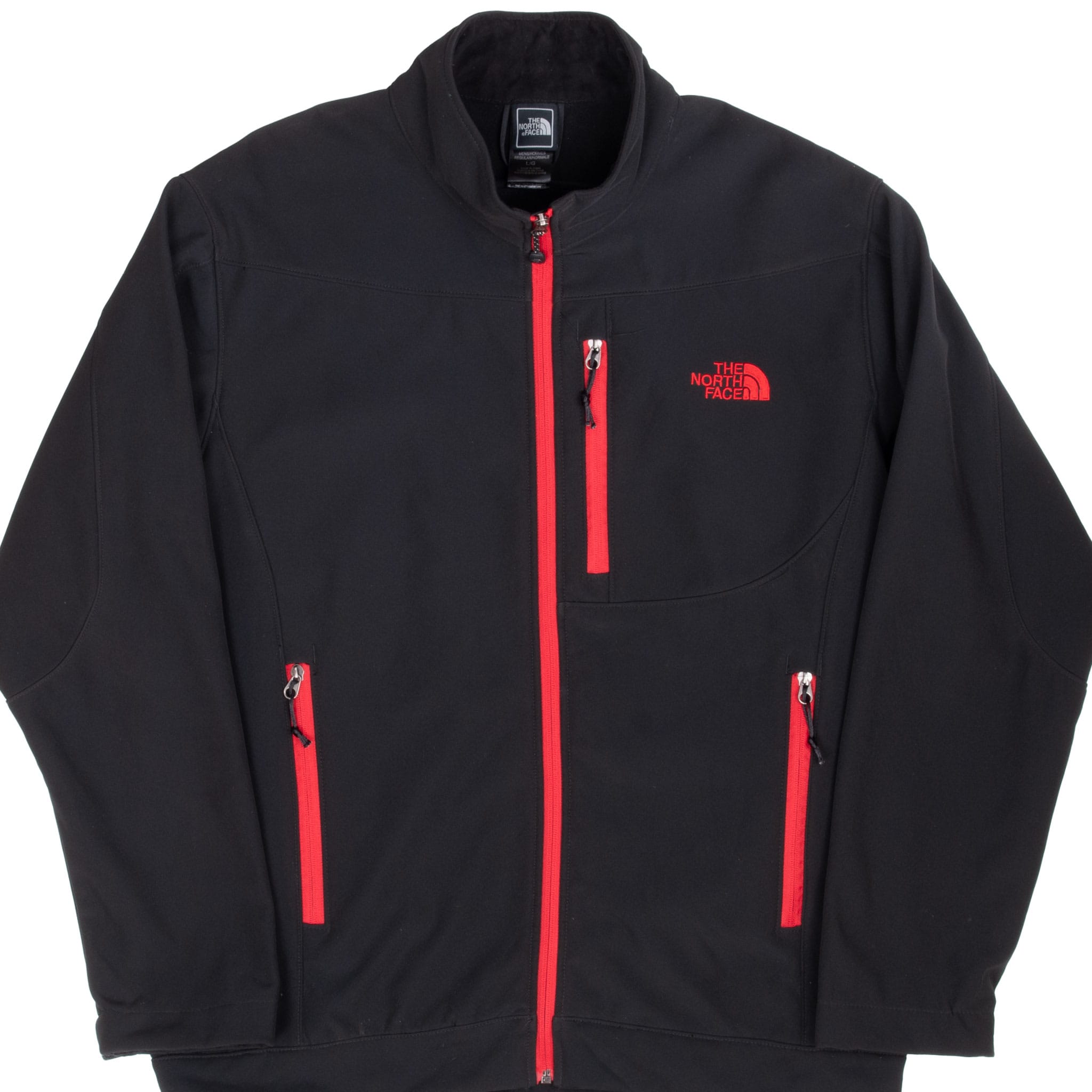 Front of black The North Face WindWall fleece jacket with red zippers and embroidered chest logo