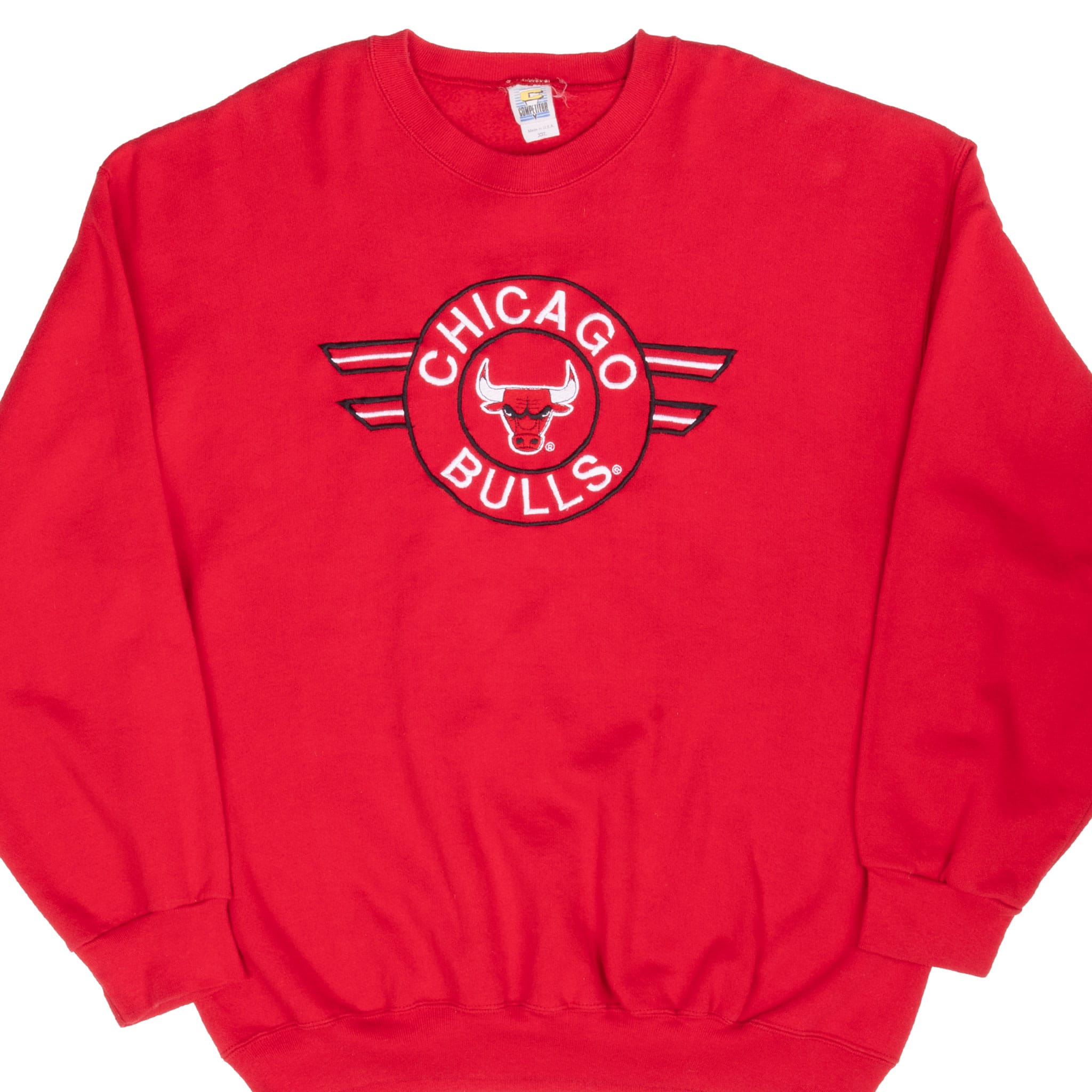 Front of red Chicago Bulls crewneck sweatshirt with embroidered bull-head logo