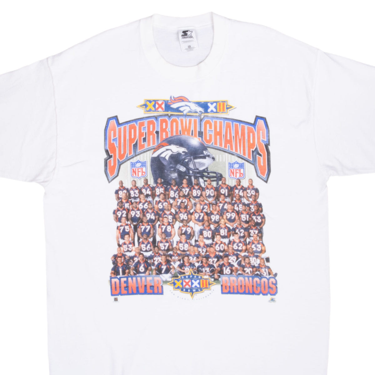 Front detail of white Denver Broncos Super Bowl XXXII champions T-shirt with team photo graphic