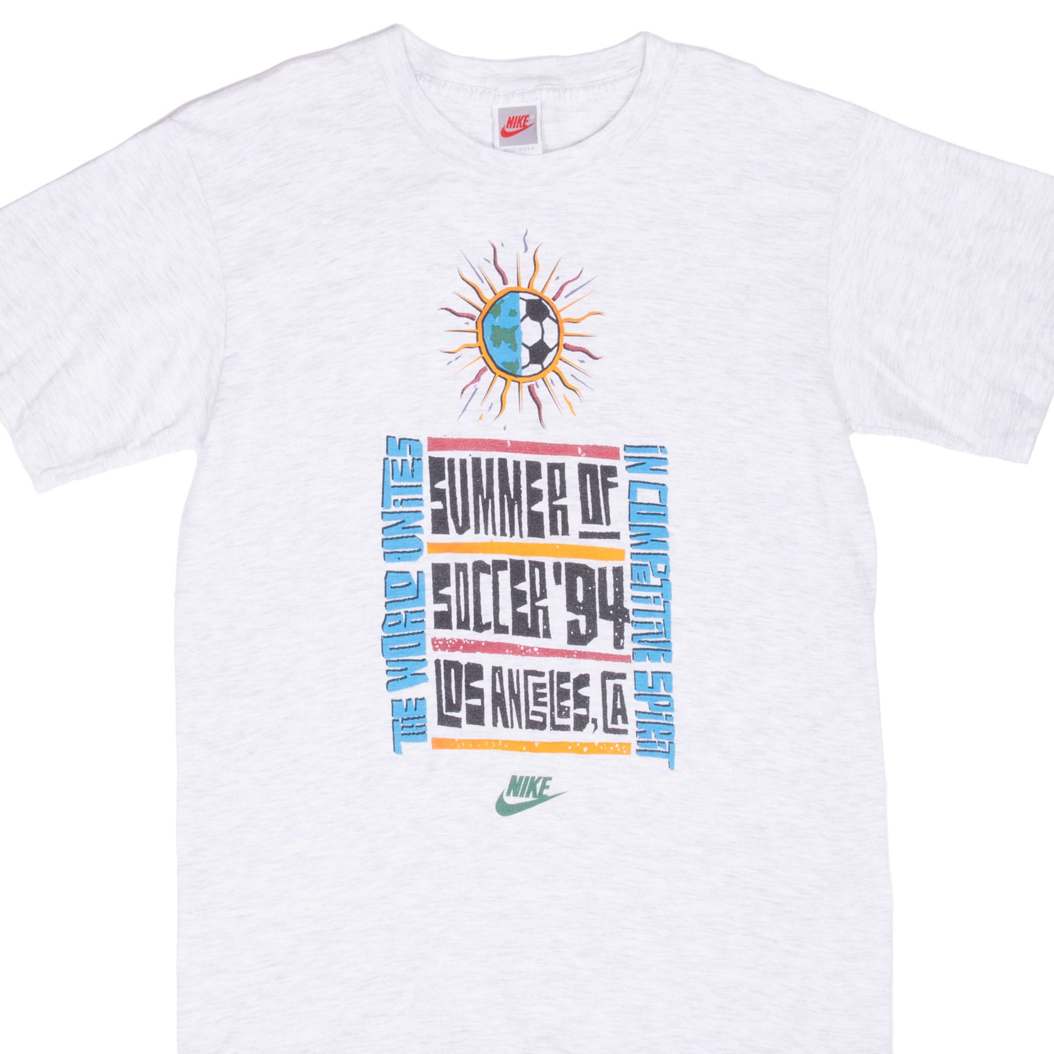 Front of gray Nike Summer of Soccer '94 Los Angeles T-shirt with colorful globe and soccer ball graphic