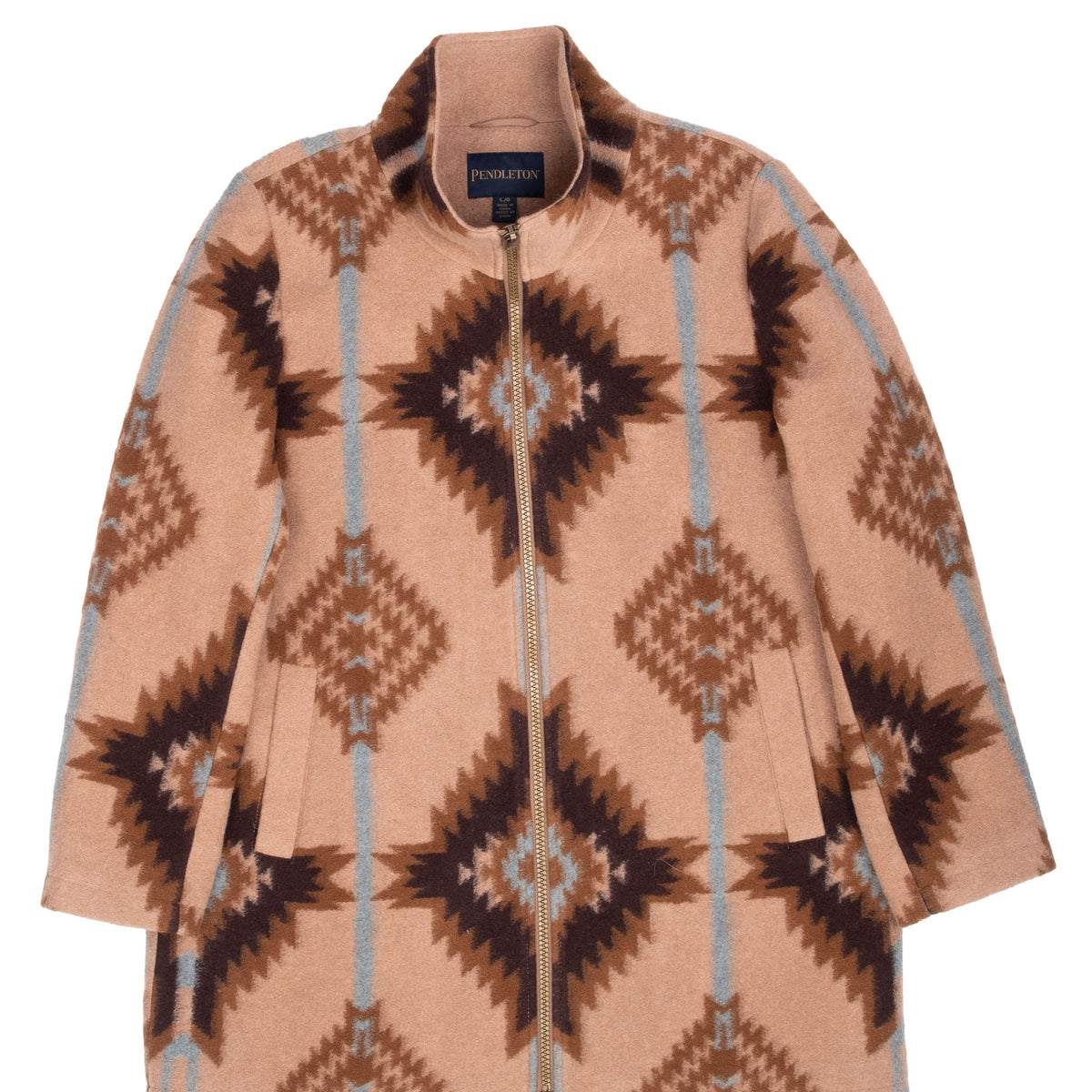 Front detail of Pendleton brown wool coat with geometric pattern, stand collar, zipper and pockets