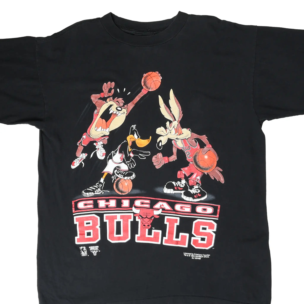 Front of black Chicago Bulls T-shirt with Taz, Daffy Duck and Wile E. Coyote basketball graphic