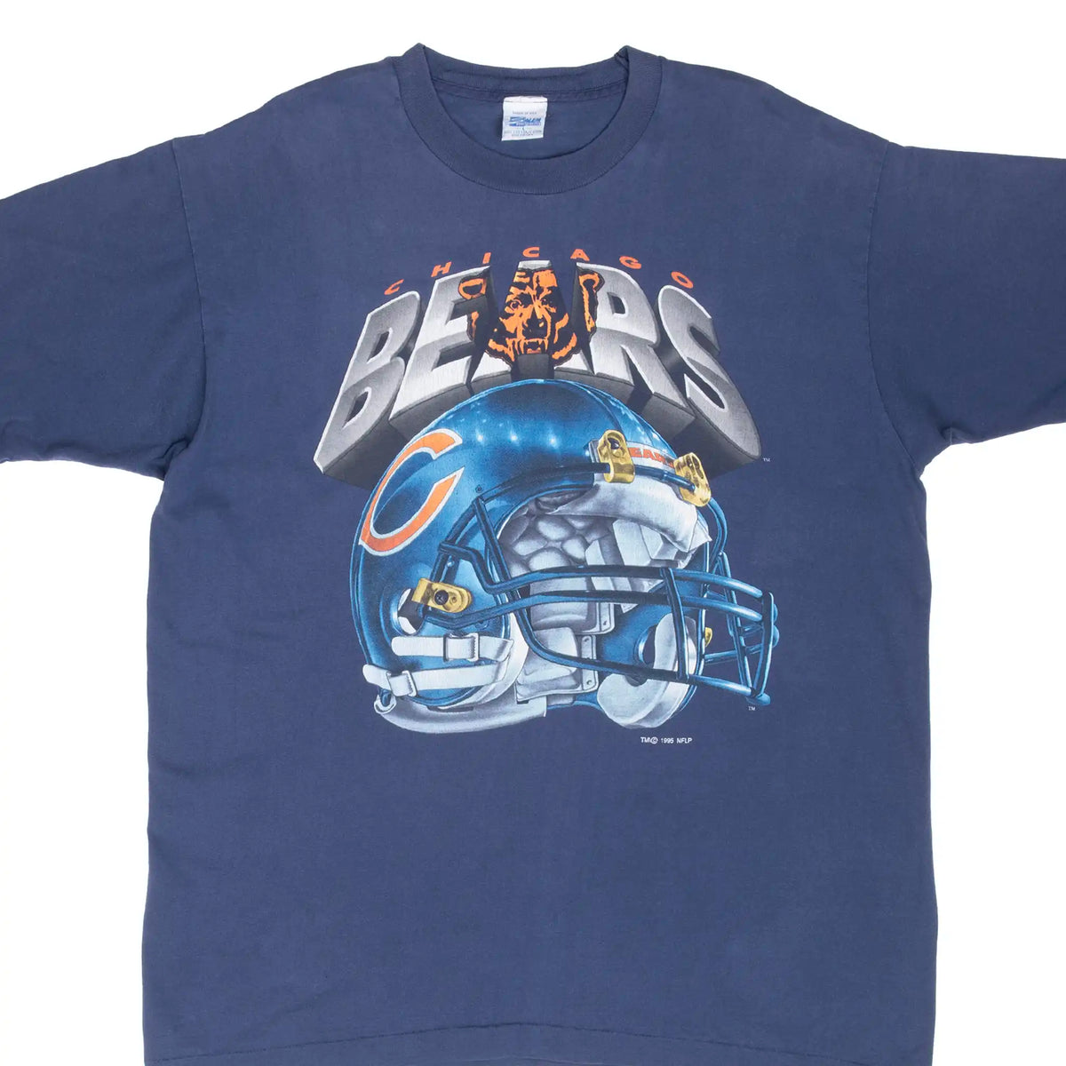 Front of navy Chicago Bears T-shirt with helmet and team logo graphic