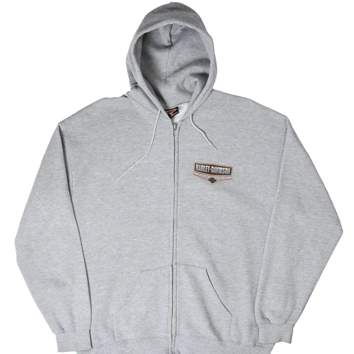 Front of gray Harley-Davidson zip-up hoodie with small chest graphic and pouch pockets