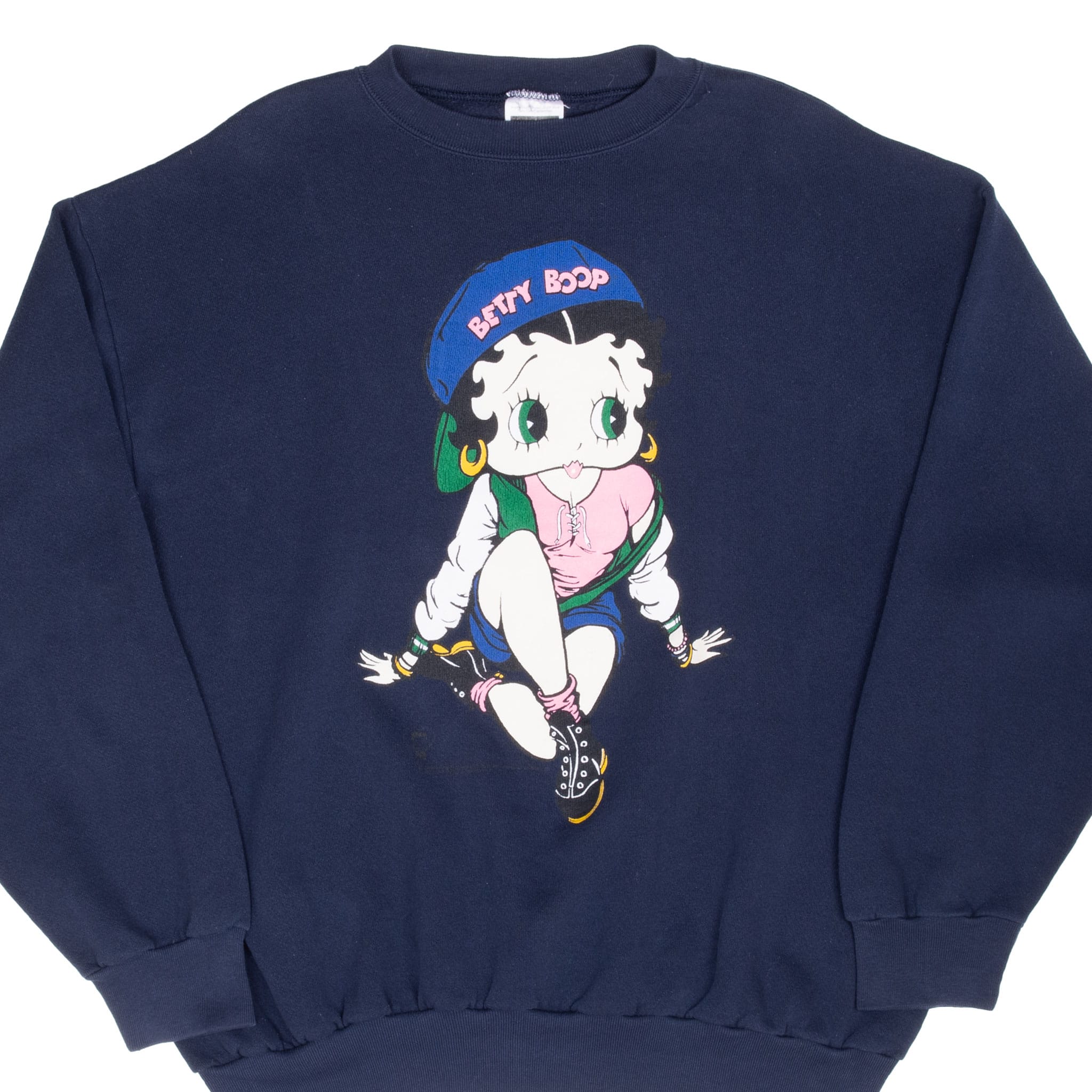 Front of navy blue crewneck sweatshirt with colorful seated Betty Boop graphic