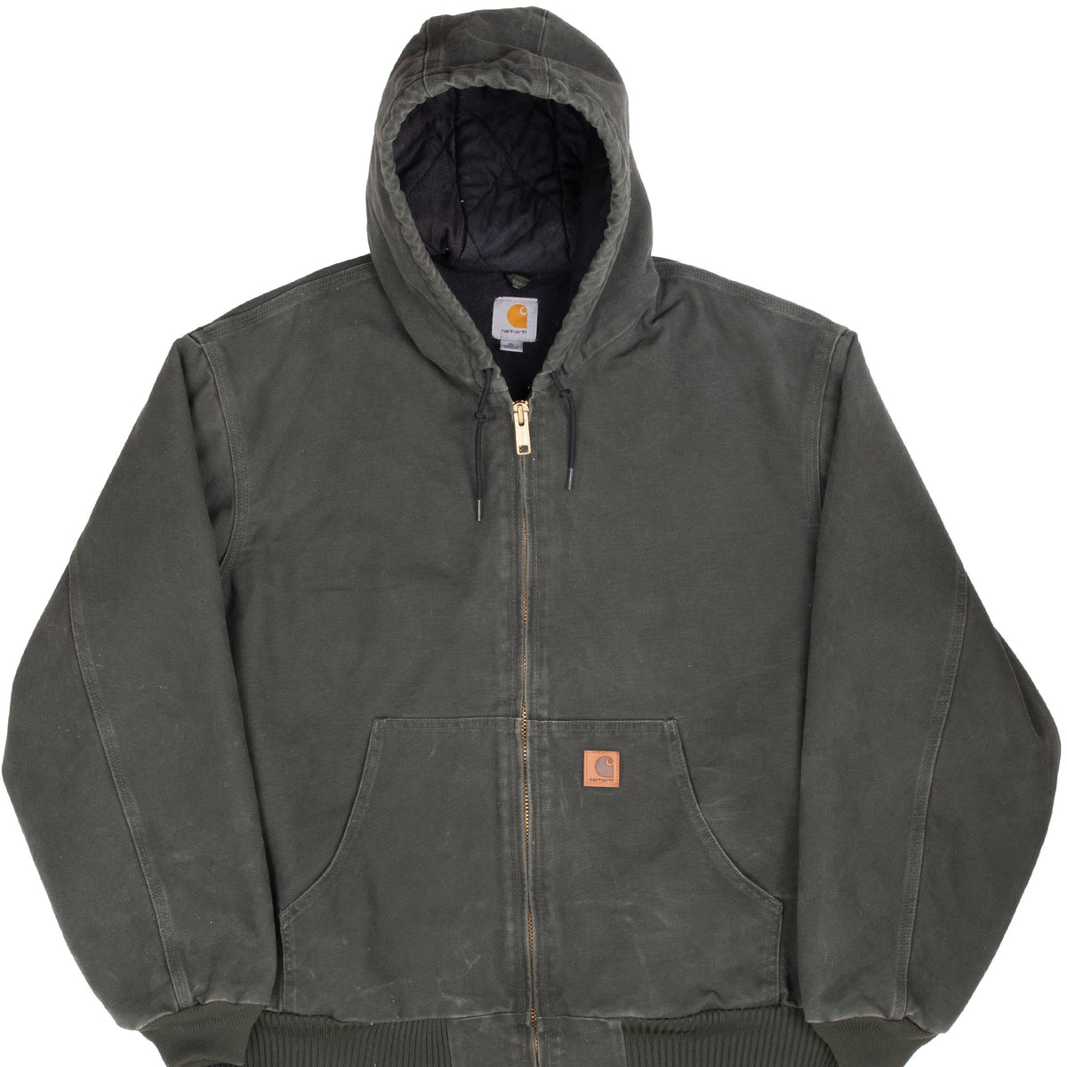 Front of Carhartt J130MOS hooded jacket in moss green with zip closure and split front pockets