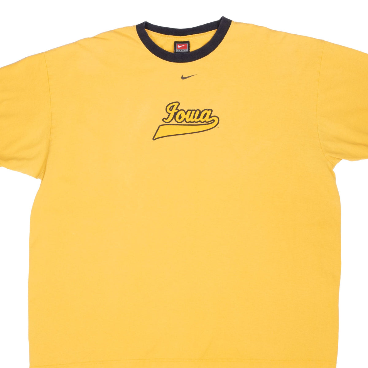 Front upper view of yellow Nike Iowa T-shirt with black crew neck and script chest graphic