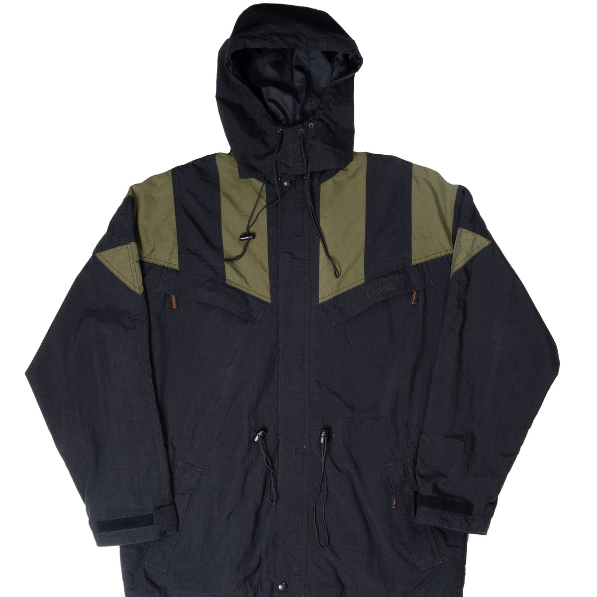 Front of black Adidas hooded windbreaker with olive green shoulder panels and drawcords