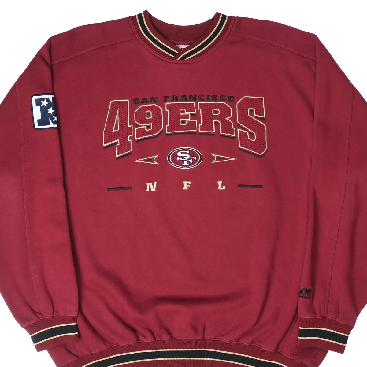 Front of burgundy San Francisco 49ers sweatshirt with embroidered logo and striped trim