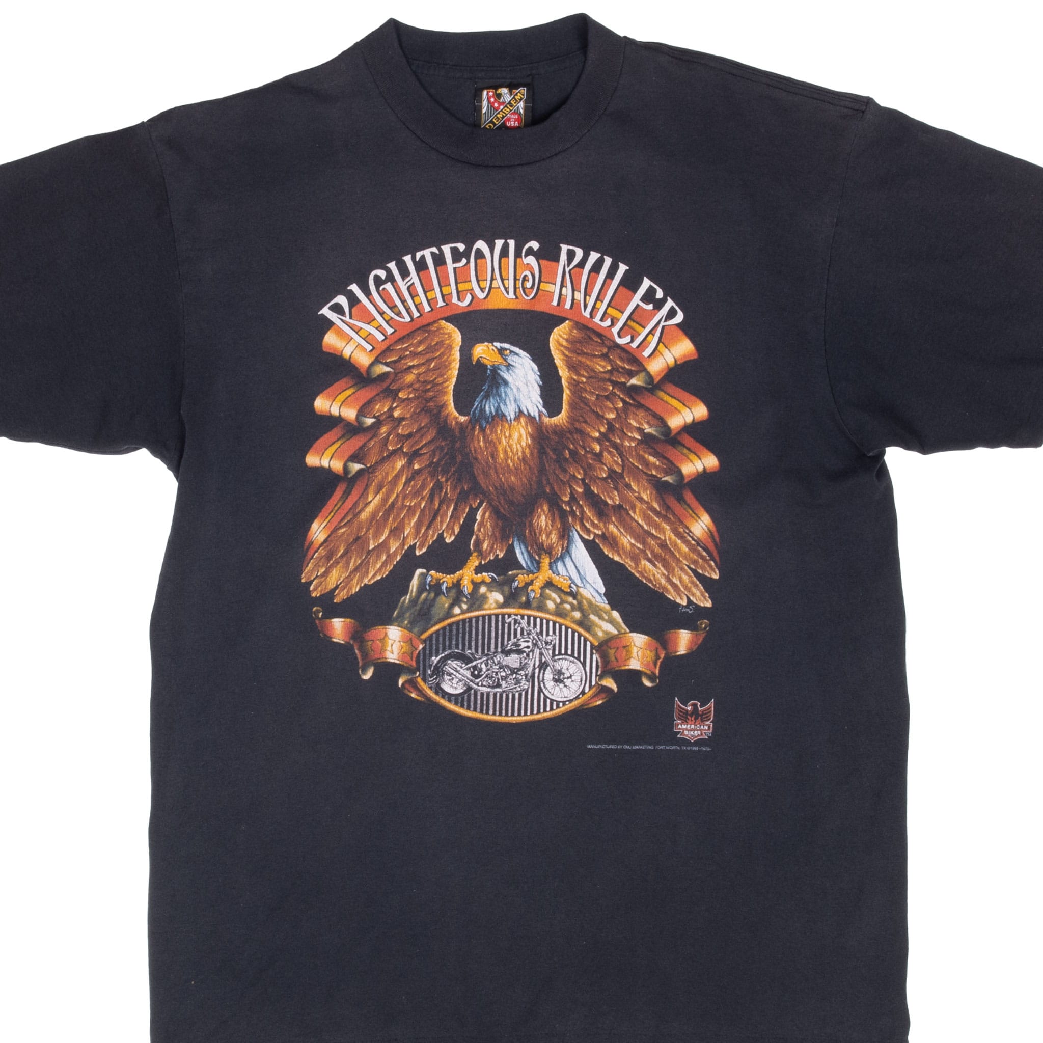 Front of black 3D Emblem Righteous Ruler biker T-shirt with bald eagle and motorcycle graphic