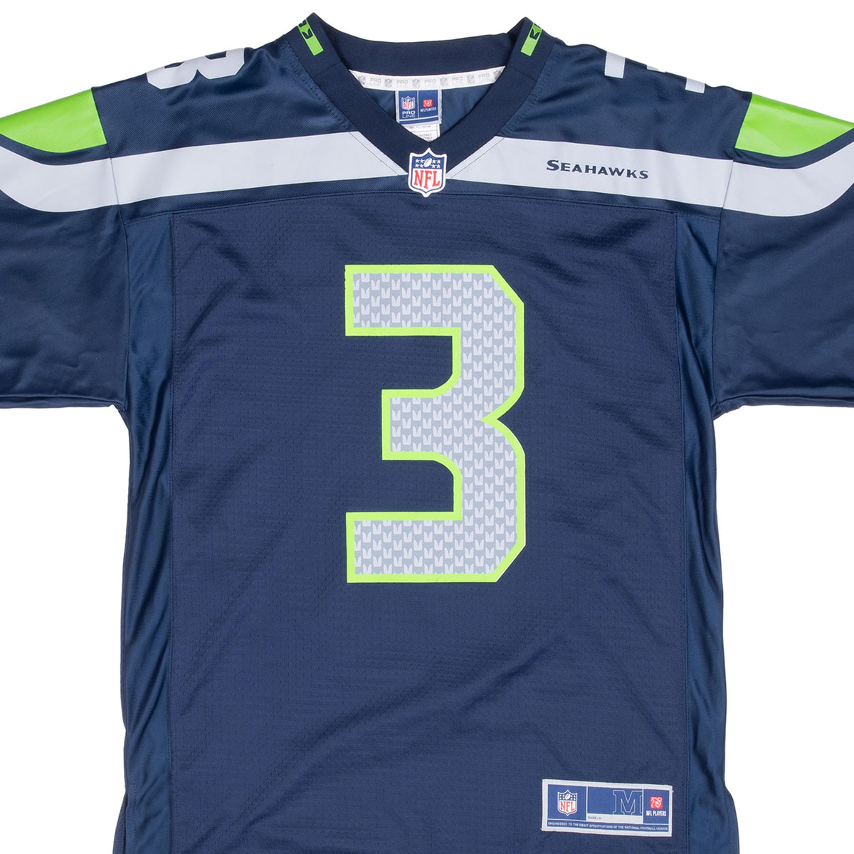 Front detail of navy Seattle Seahawks Russell Wilson number 3 NFL jersey