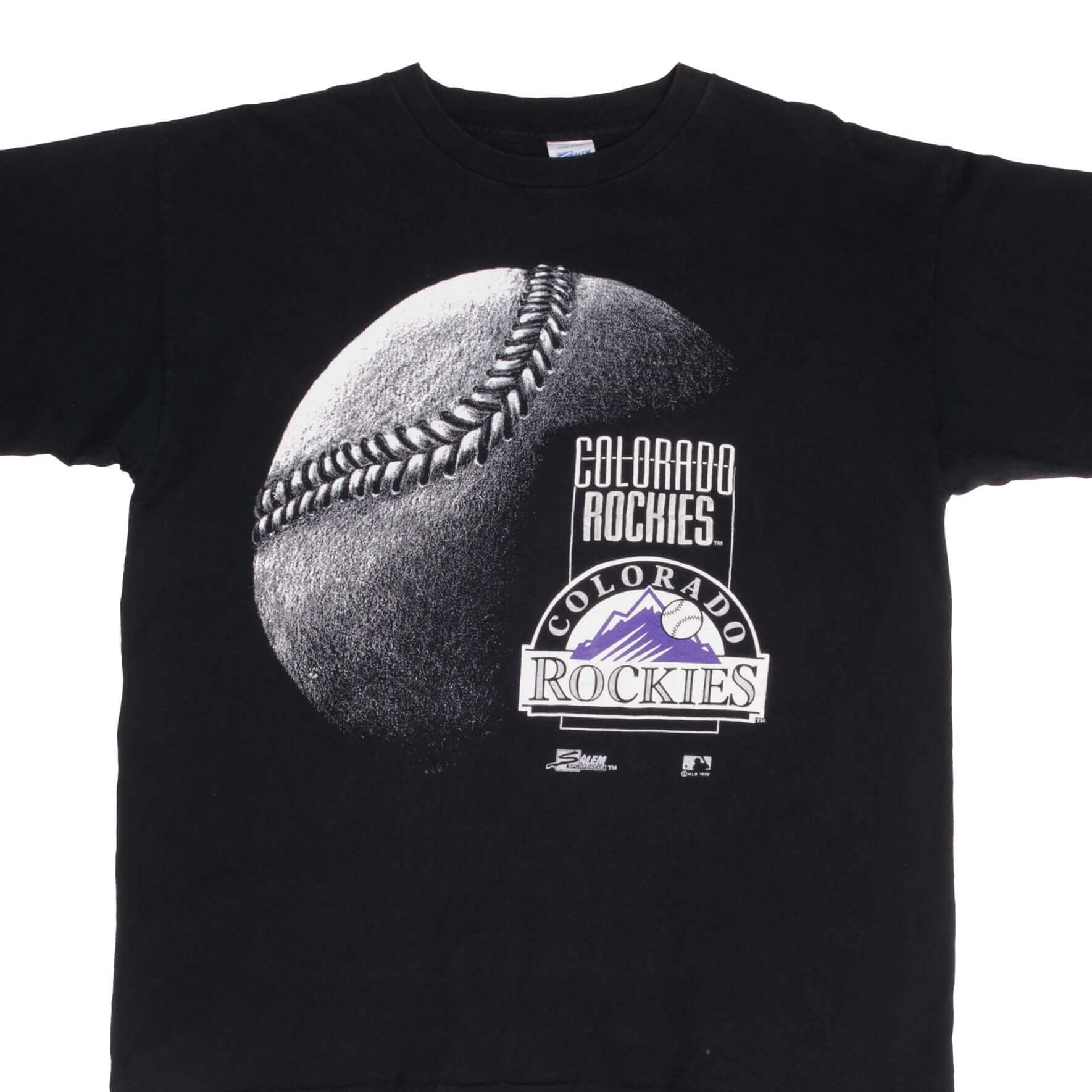 Vintage Black MLB Colorado Rockies Salem Tee Shirt 1992 Size XL Made In USA With Single Stitch Sleeves