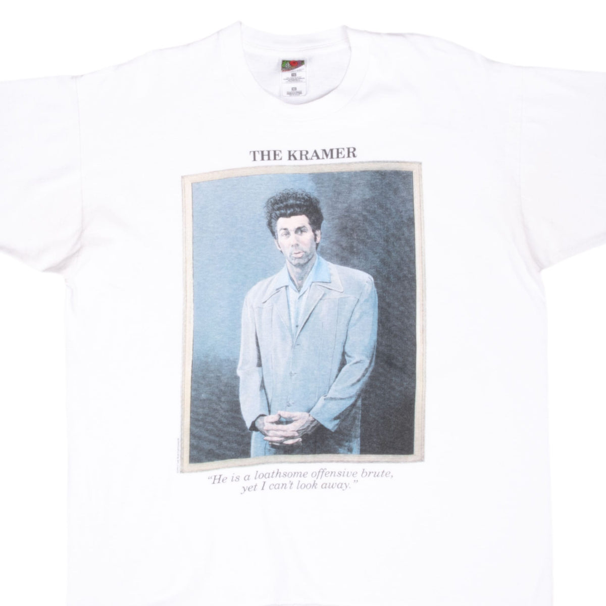 Front graphic on white Seinfeld T-shirt featuring a framed Kramer portrait and quote