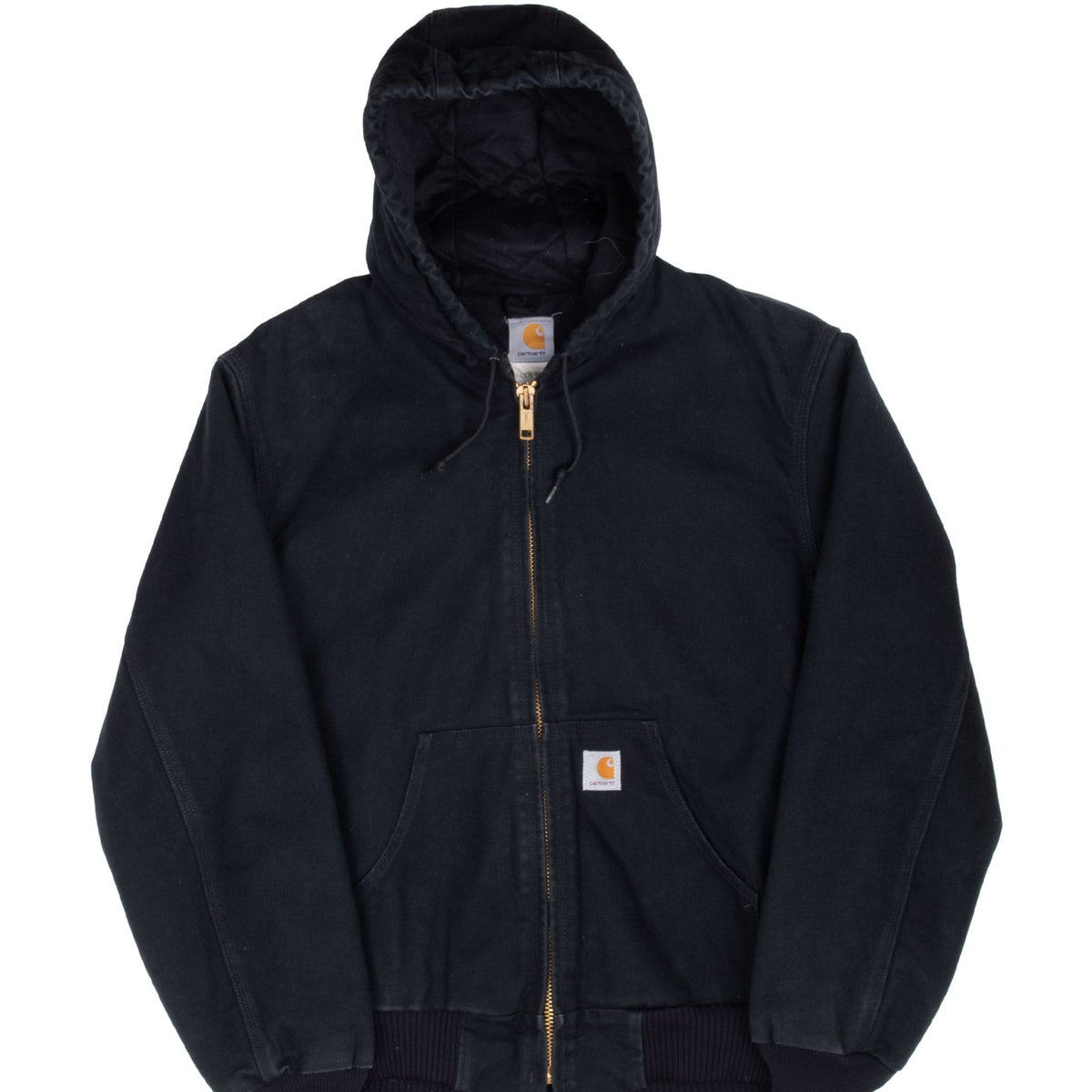 Front of black Carhartt J140 hooded active jacket with zipper, drawcord and logo patch