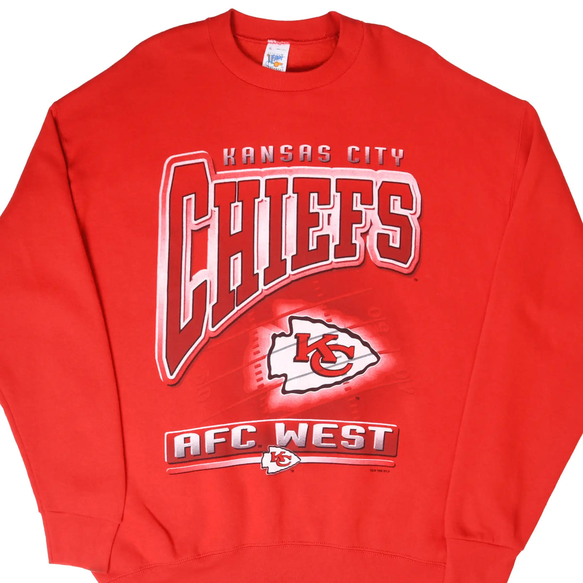 Front of red Kansas City Chiefs sweatshirt with arrowhead logo and AFC West graphic