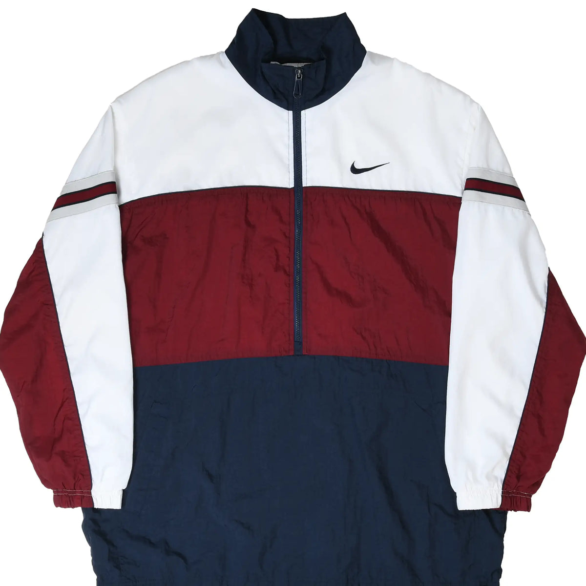 Front of Nike windbreaker jacket with white, burgundy and navy color blocking