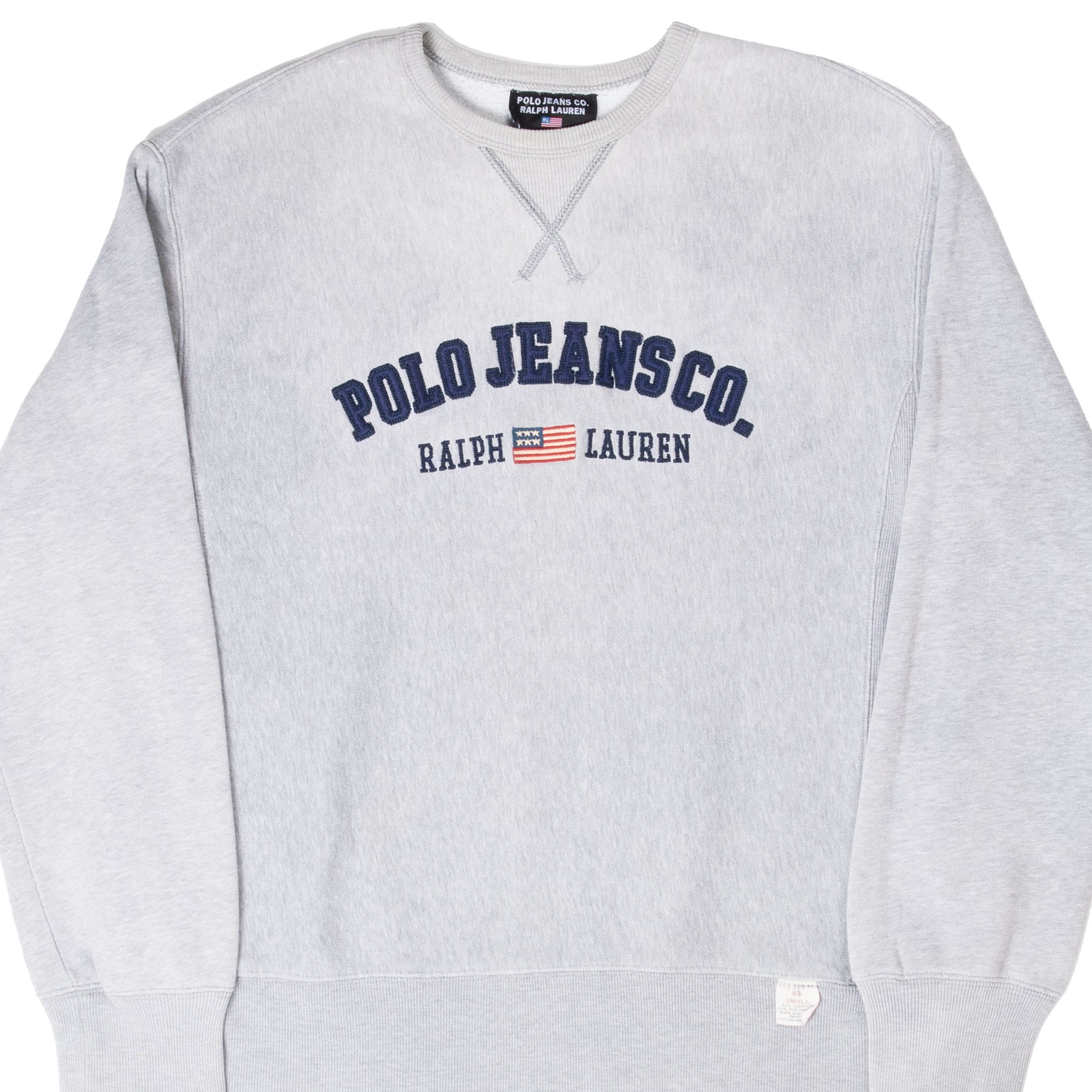 Front of grey Ralph Lauren Polo Jeans crewneck sweatshirt with navy appliqué and flag motif