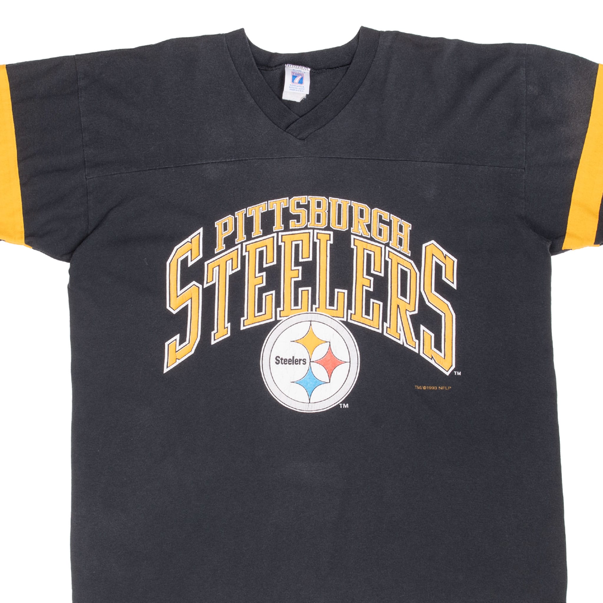 Front detail of black Pittsburgh Steelers V-neck T-shirt with gold lettering and team logo