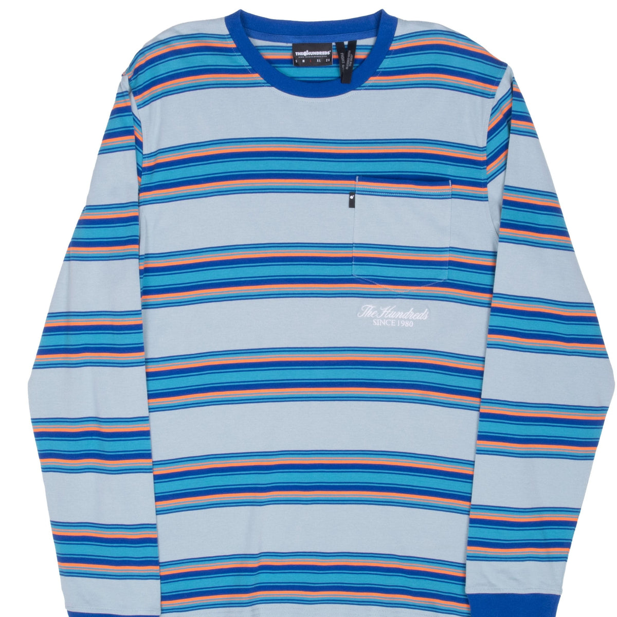 Front of The Hundreds light blue striped long-sleeve pocket T-shirt with royal blue collar and cuffs