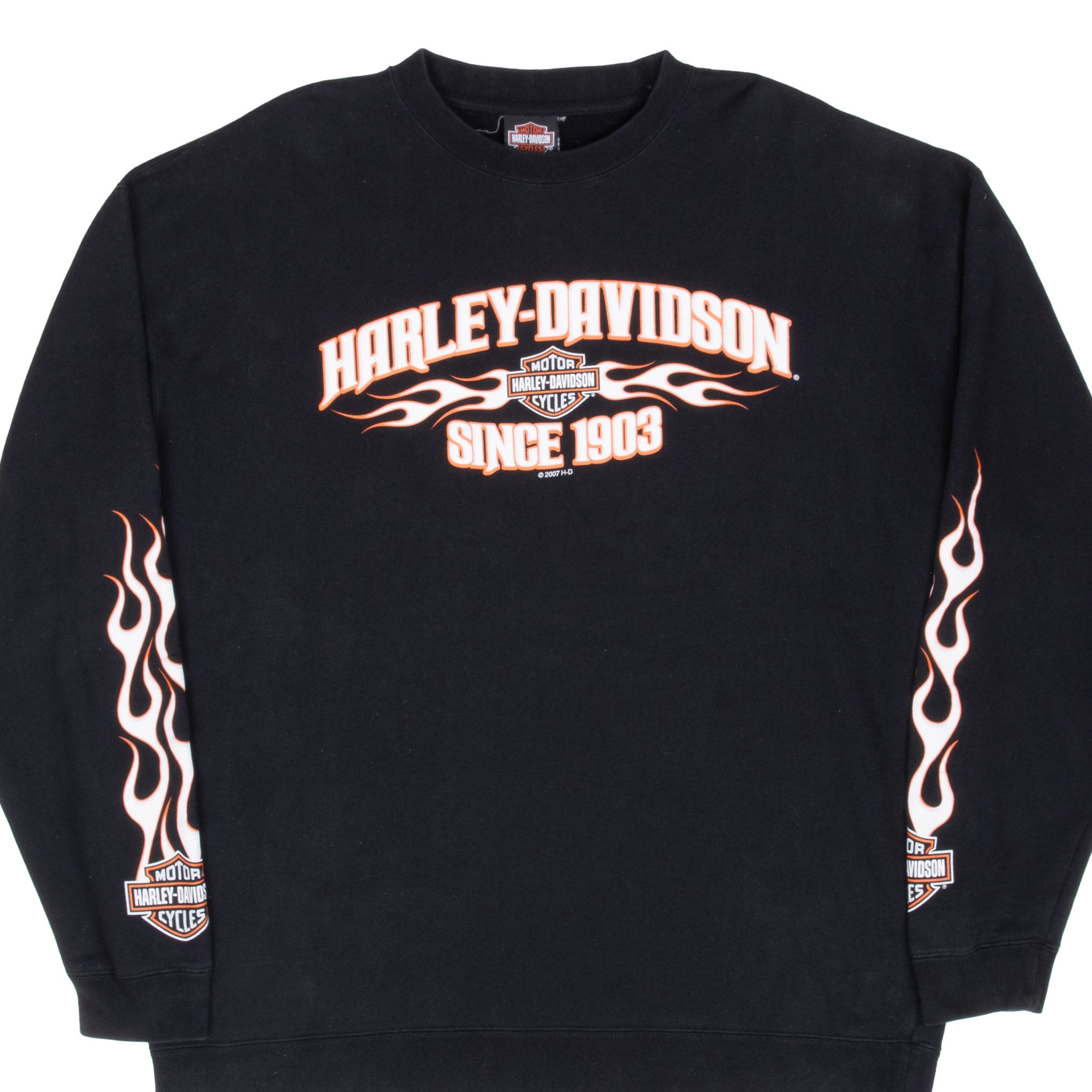 Front of black Harley-Davidson crewneck with orange flames, Bar & Shield logos and Since 1903 text