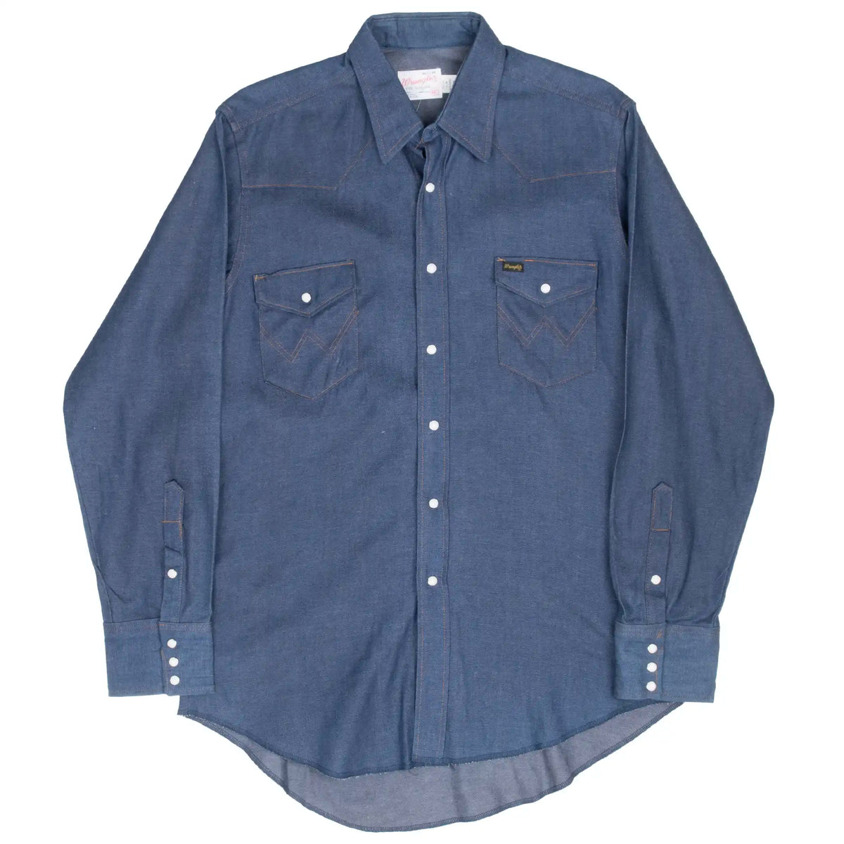 Full front view of blue Wrangler denim pearl snap shirt with long sleeves