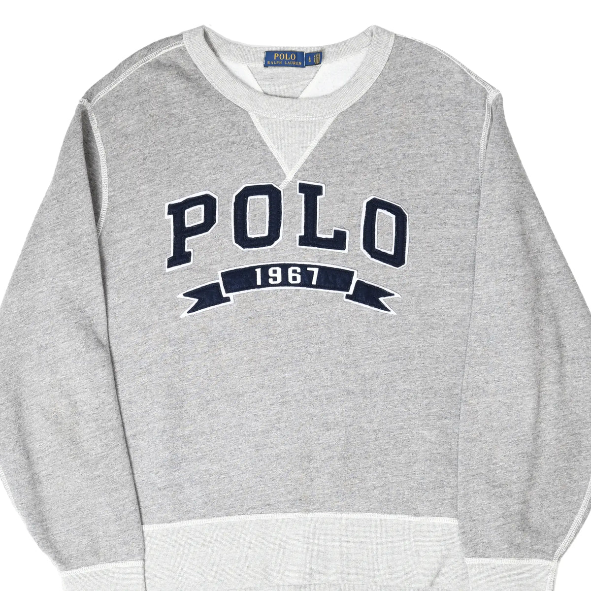 Front of grey Polo Ralph Lauren crewneck with navy POLO 1967 embroidery