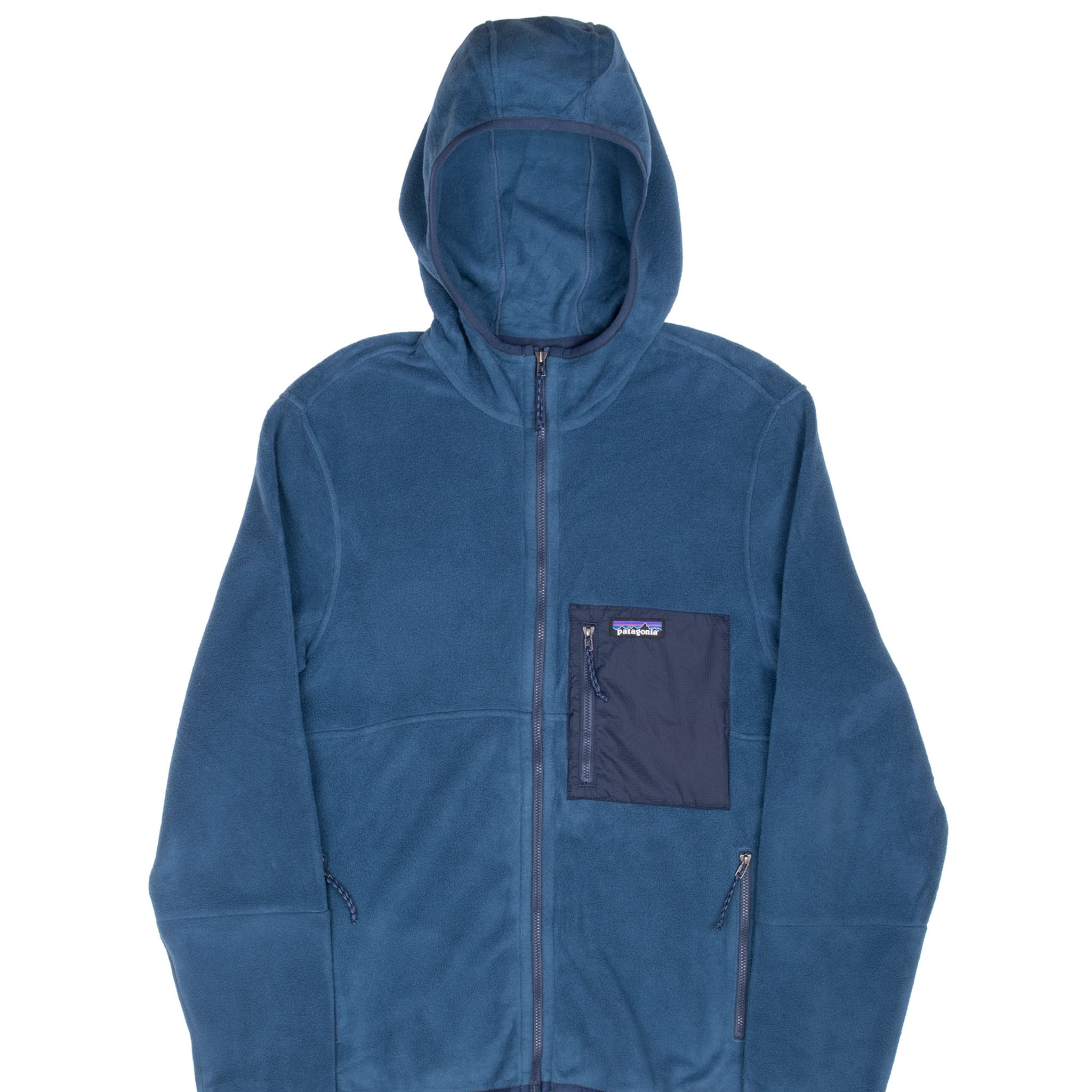 Front detail of Patagonia Microdini blue fleece hoody with contrasting zip chest pocket
