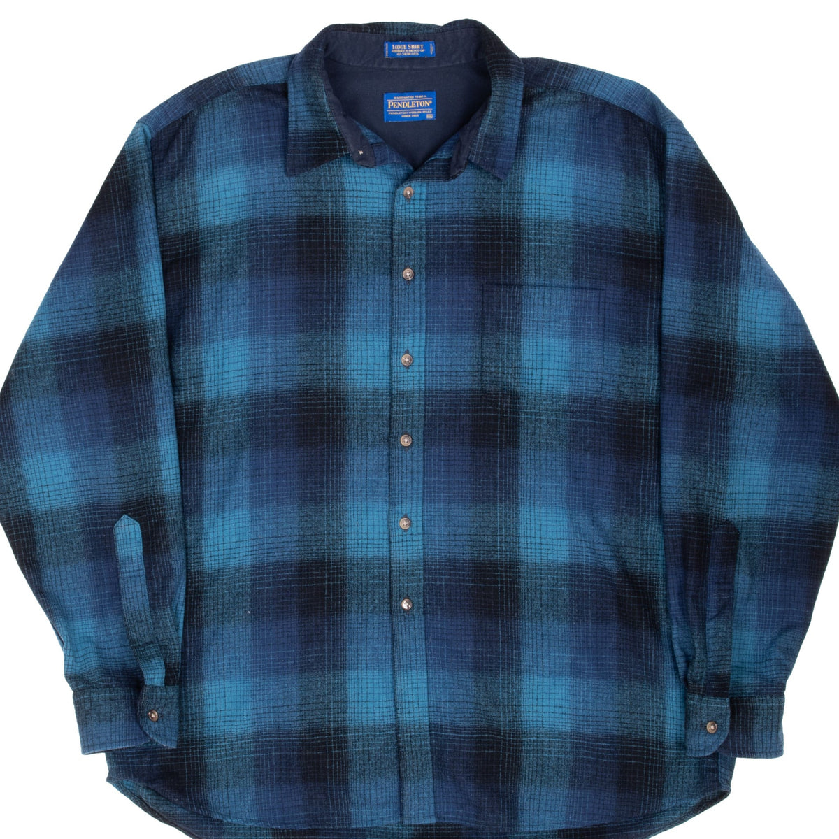 Front of Pendleton long-sleeve button-front shirt in blue and navy plaid