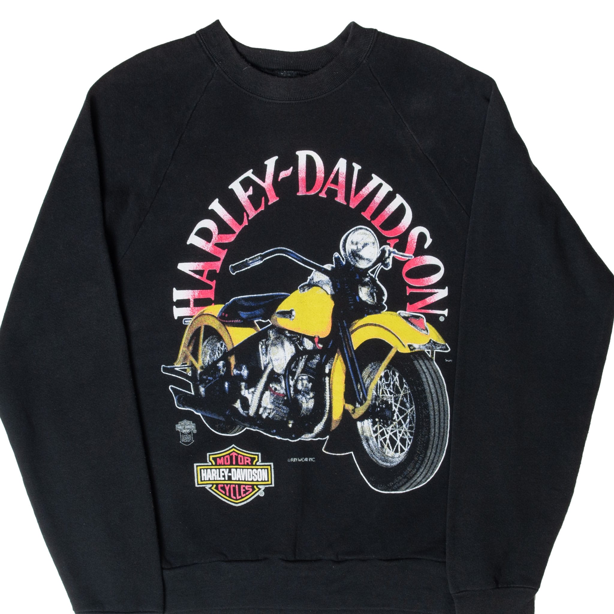 Front of black Harley-Davidson sweatshirt with yellow motorcycle graphic and shield logo