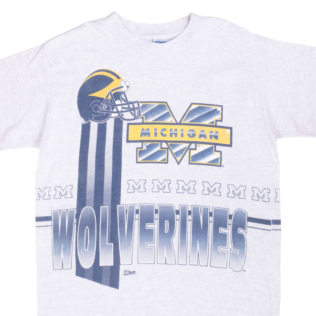 Front of gray Michigan Wolverines T-shirt with maize-and-blue helmet, block M and wraparound graphic