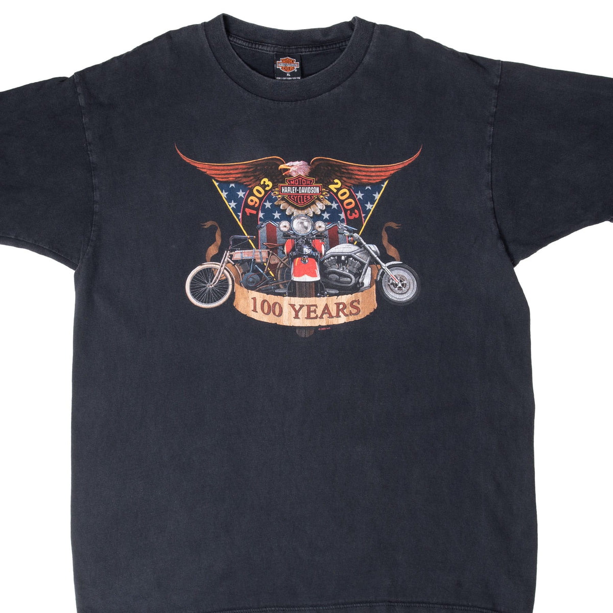 Front of black Harley-Davidson T-shirt with 100 Years eagle, flag, and motorcycle graphic