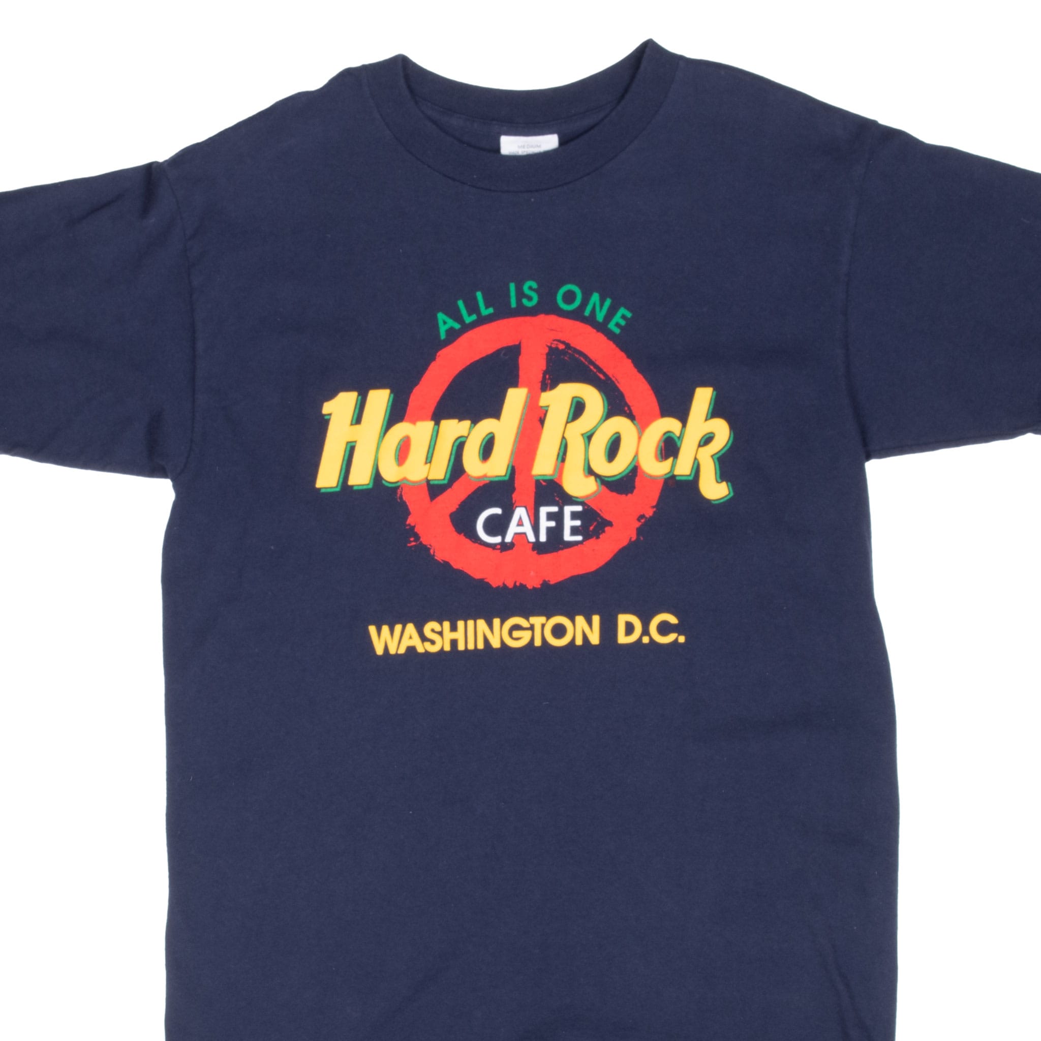 Upper front of navy Hard Rock Cafe T-shirt with All Is One Washington, D.C. peace graphic