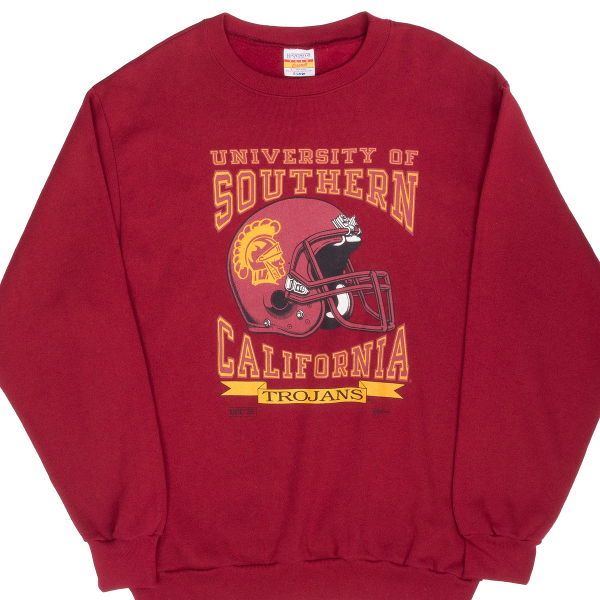 Front of cardinal red USC Trojans crewneck sweatshirt with football helmet graphic