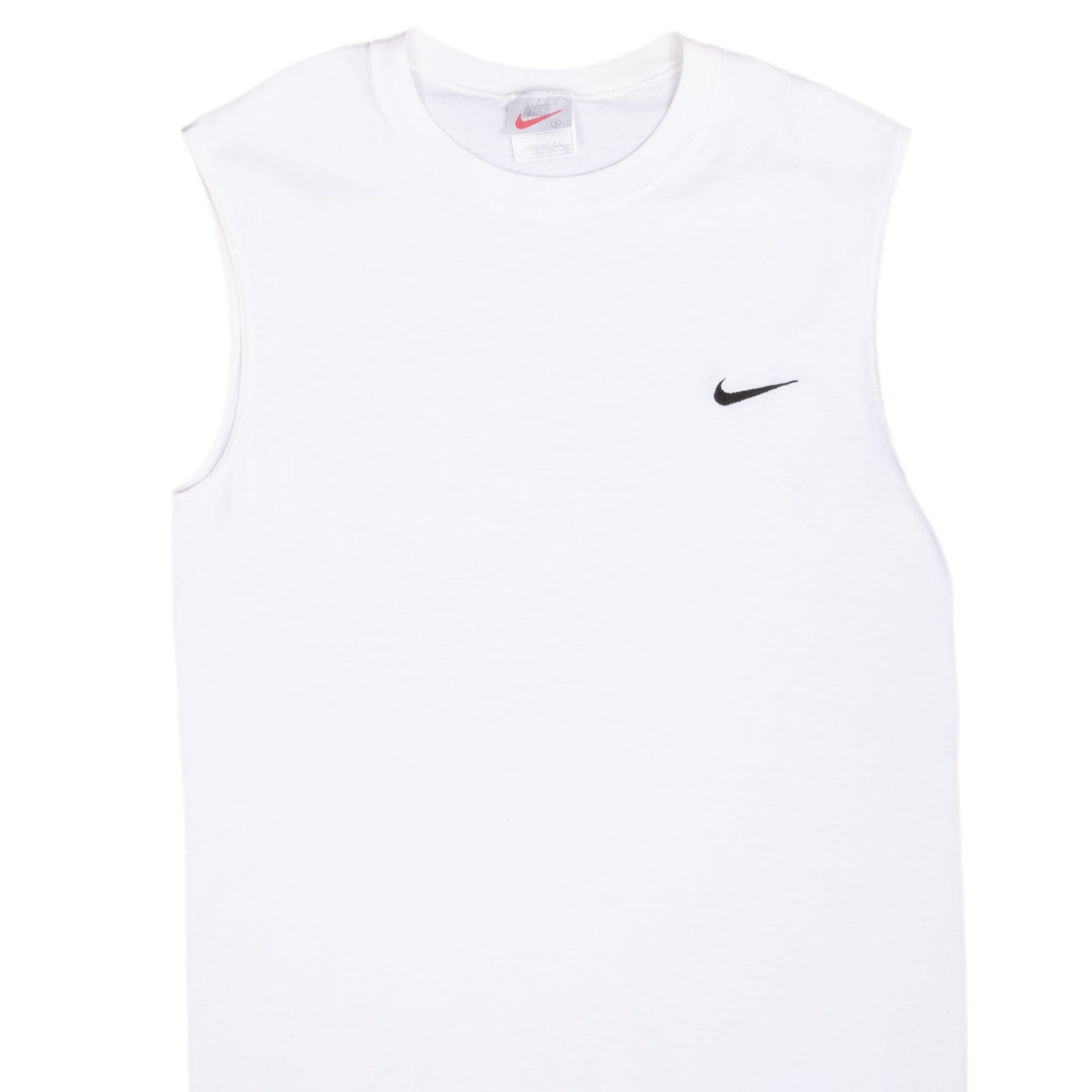 Upper front of white Nike tank top with ribbed crew neck and black embroidered Swoosh