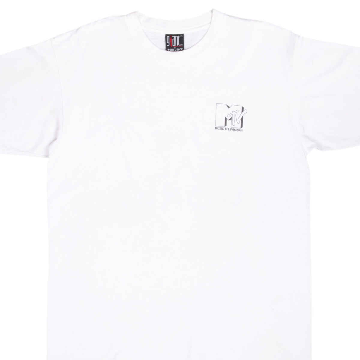 Front upper view of white MTV The Real World T-shirt with small black chest logo