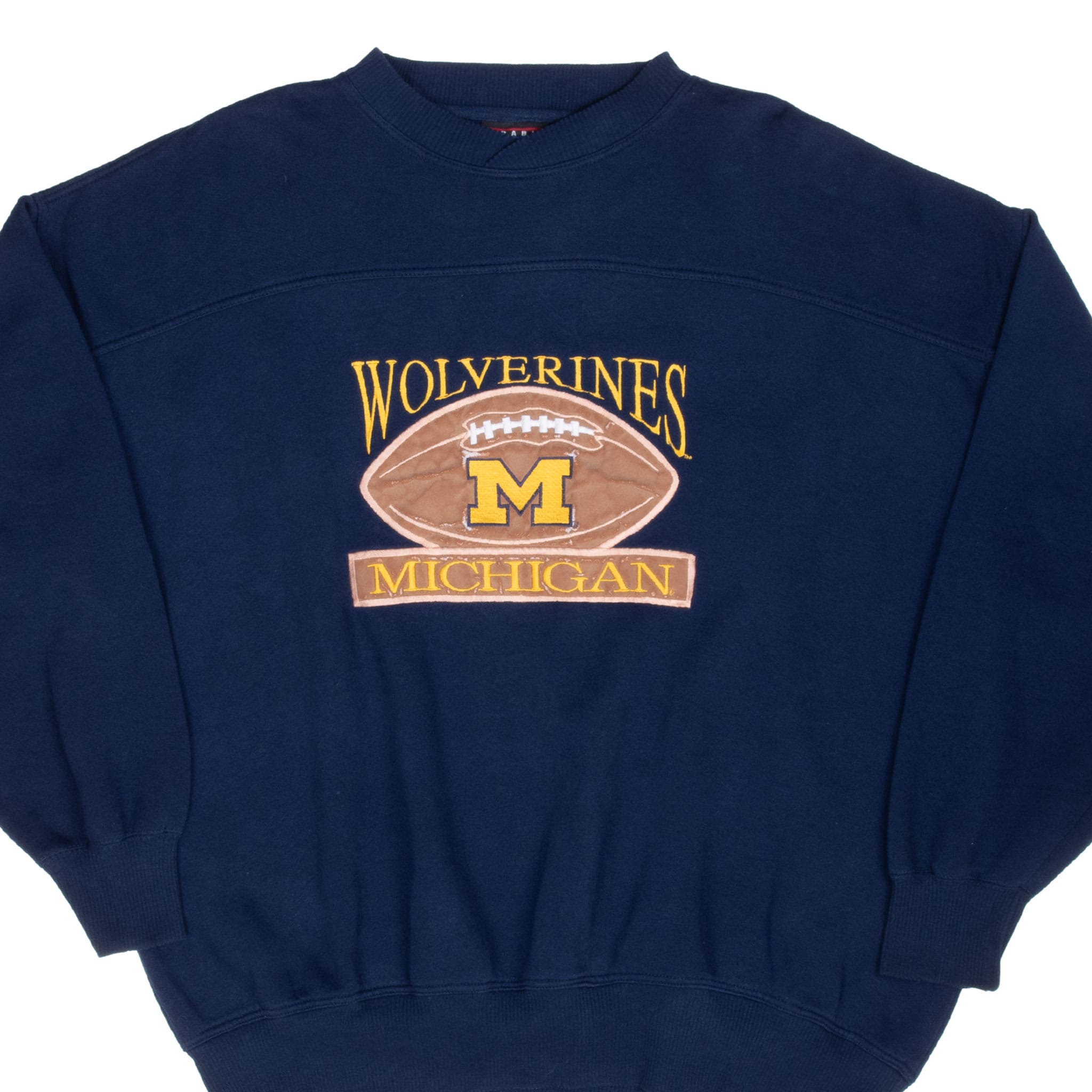 Front of navy Michigan Wolverines crewneck with football and maize block M graphic
