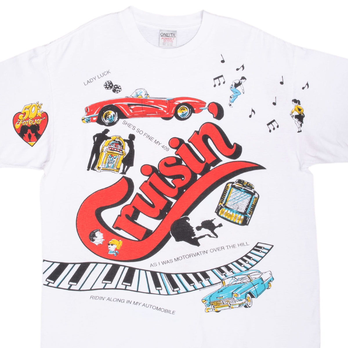 Front graphic detail of white Back to the 50s T-shirt with Cruisin lettering, cars, jukeboxes and piano keys