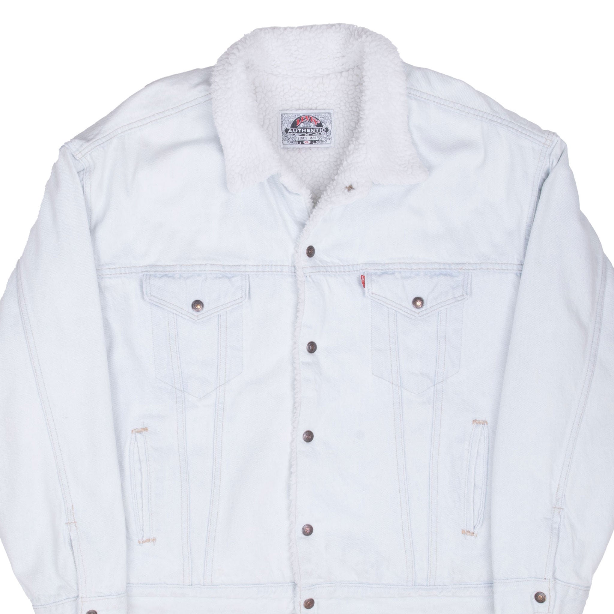 Vintage Levis Sherpa Trucker Blue very very Light Wash Denim Jacket 1980S Size XL Made In Usa