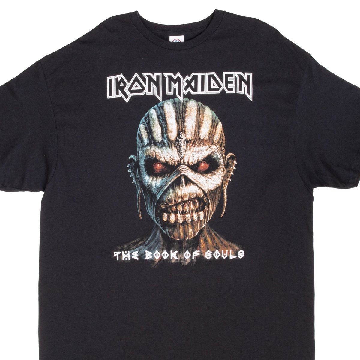 Front detail of black Iron Maiden The Book of Souls T-shirt with Eddie portrait graphic