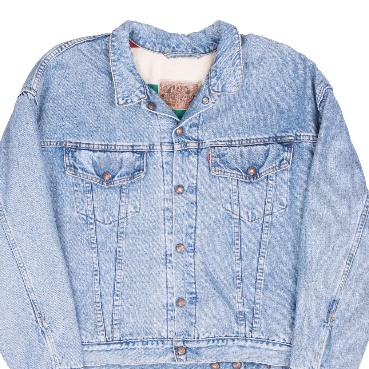 Vintage Levis Trucker Reversible Denim Jacket 4 Pockets Rainbow Lined Medium Wash Clean 1980s Size Large Made In USA