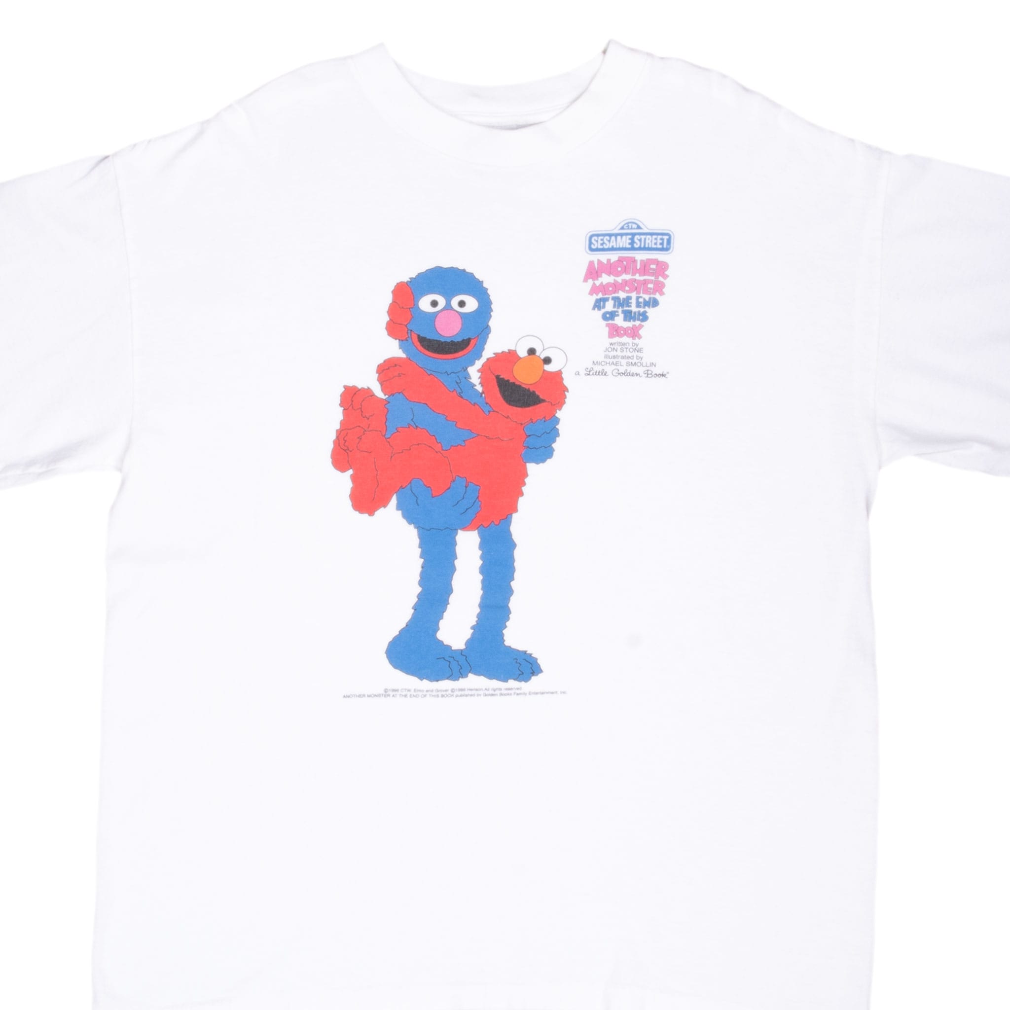 Front of white Sesame Street T-shirt with Grover holding Elmo graphic