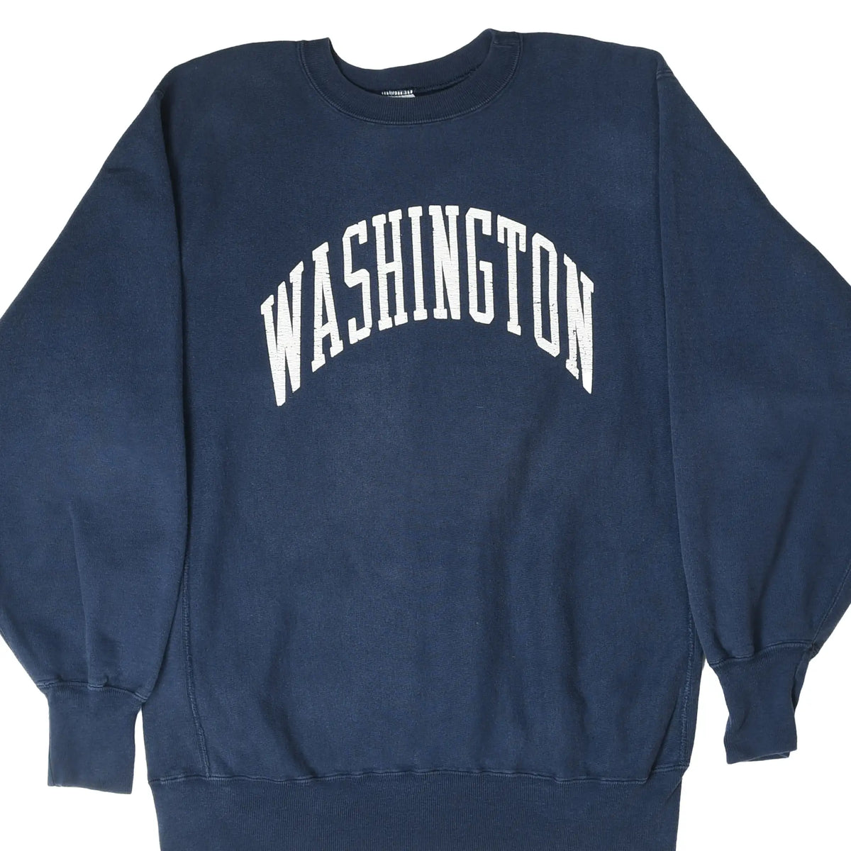 Front view of navy Champion Reverse Weave sweatshirt with arched white Washington print
