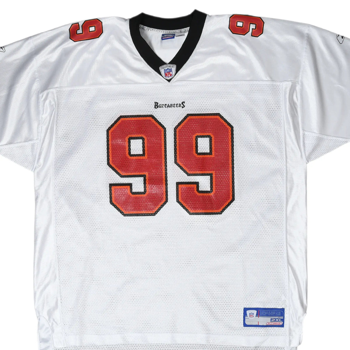 Front of white Tampa Bay Buccaneers Reebok jersey with red number 99 and black V-neck
