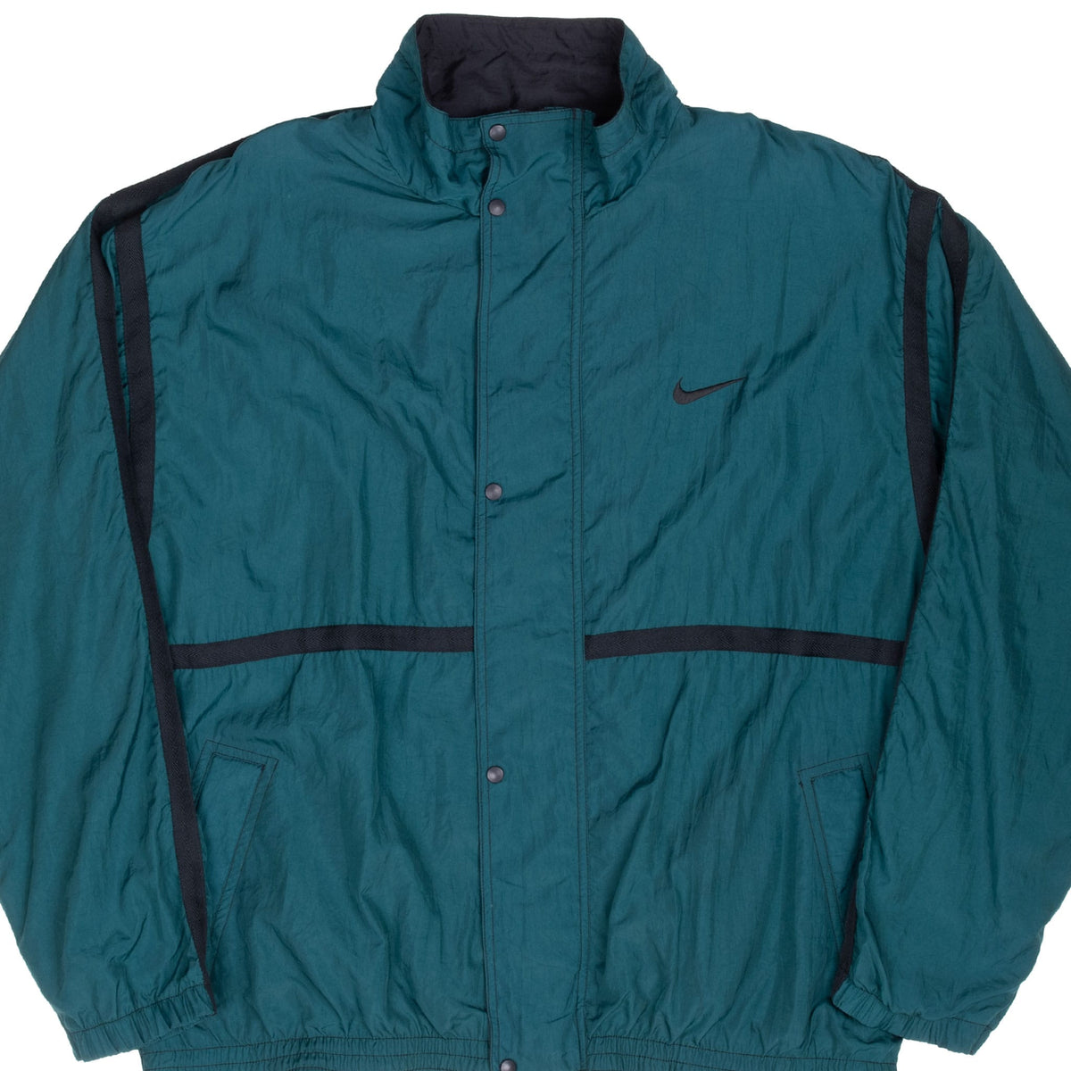 Front of green Nike windbreaker with black trim, embroidered Swoosh and snap storm flap