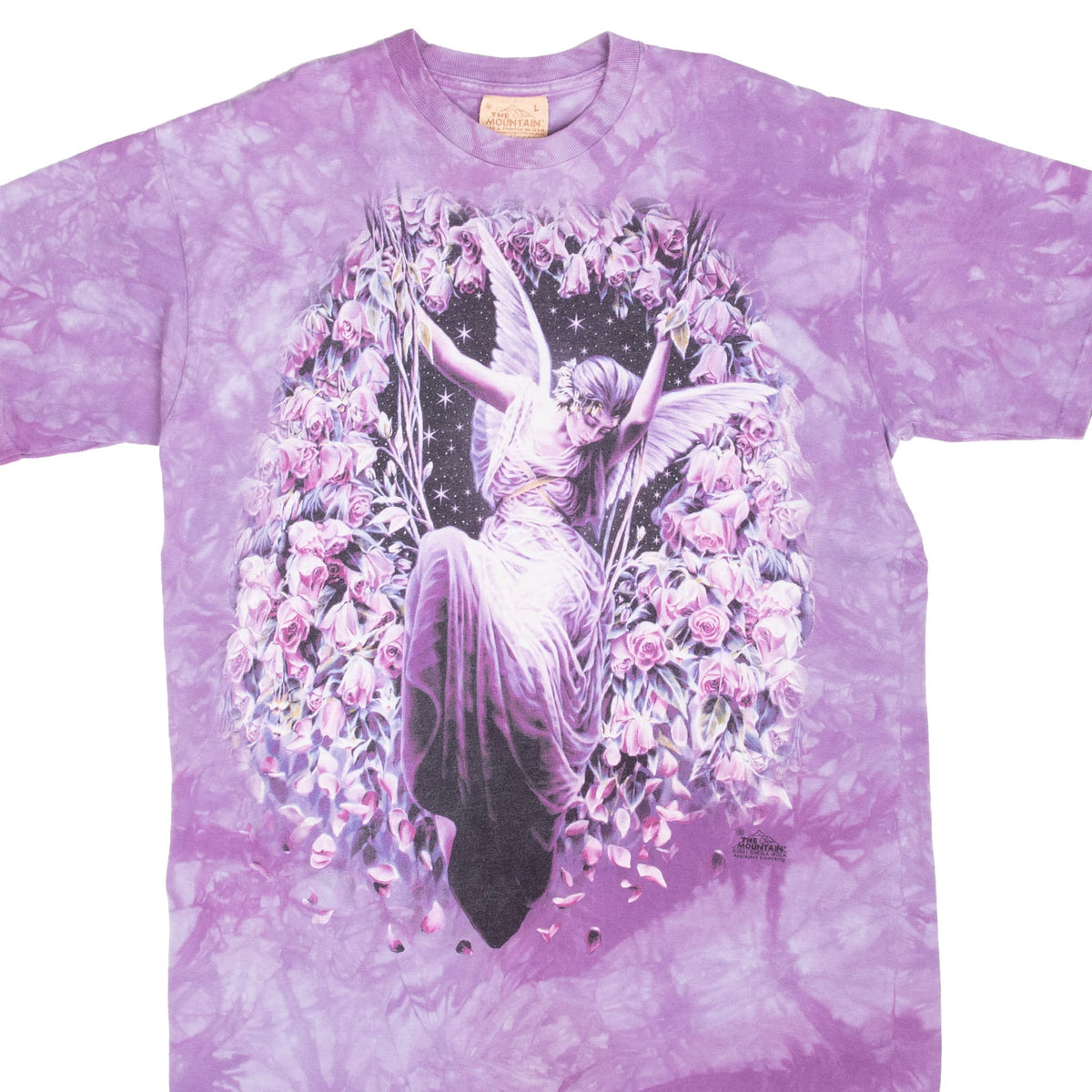 Front of purple tie-dye The Mountain T-shirt with winged fairy angel and floral fantasy graphic