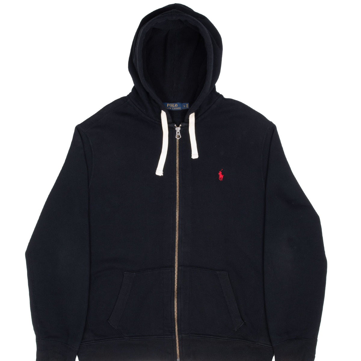 Front view of black Polo Ralph Lauren full-zip hoodie with white drawstrings and red pony embroidery