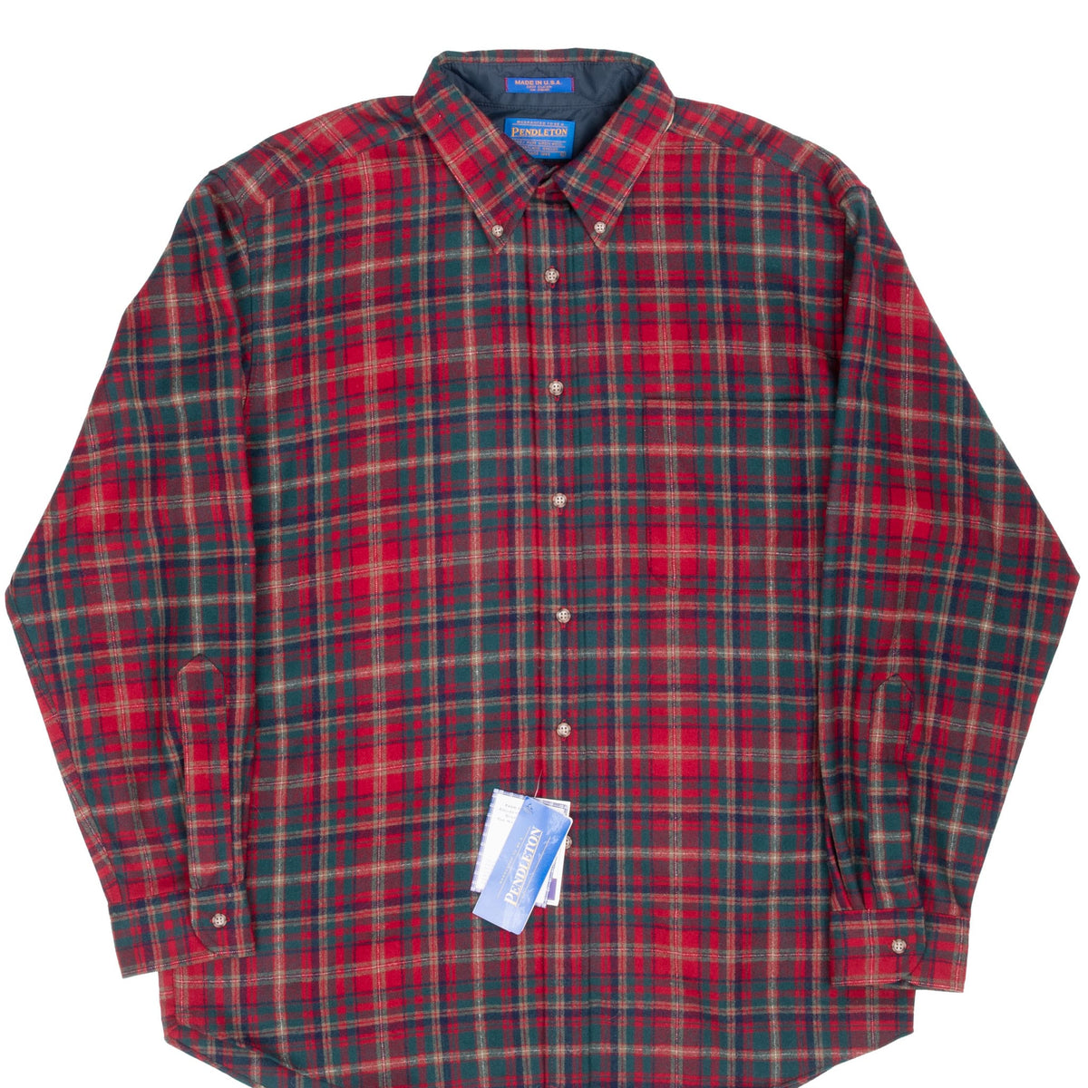 Front of Pendleton red and green plaid wool shirt with button-down collar and attached tags