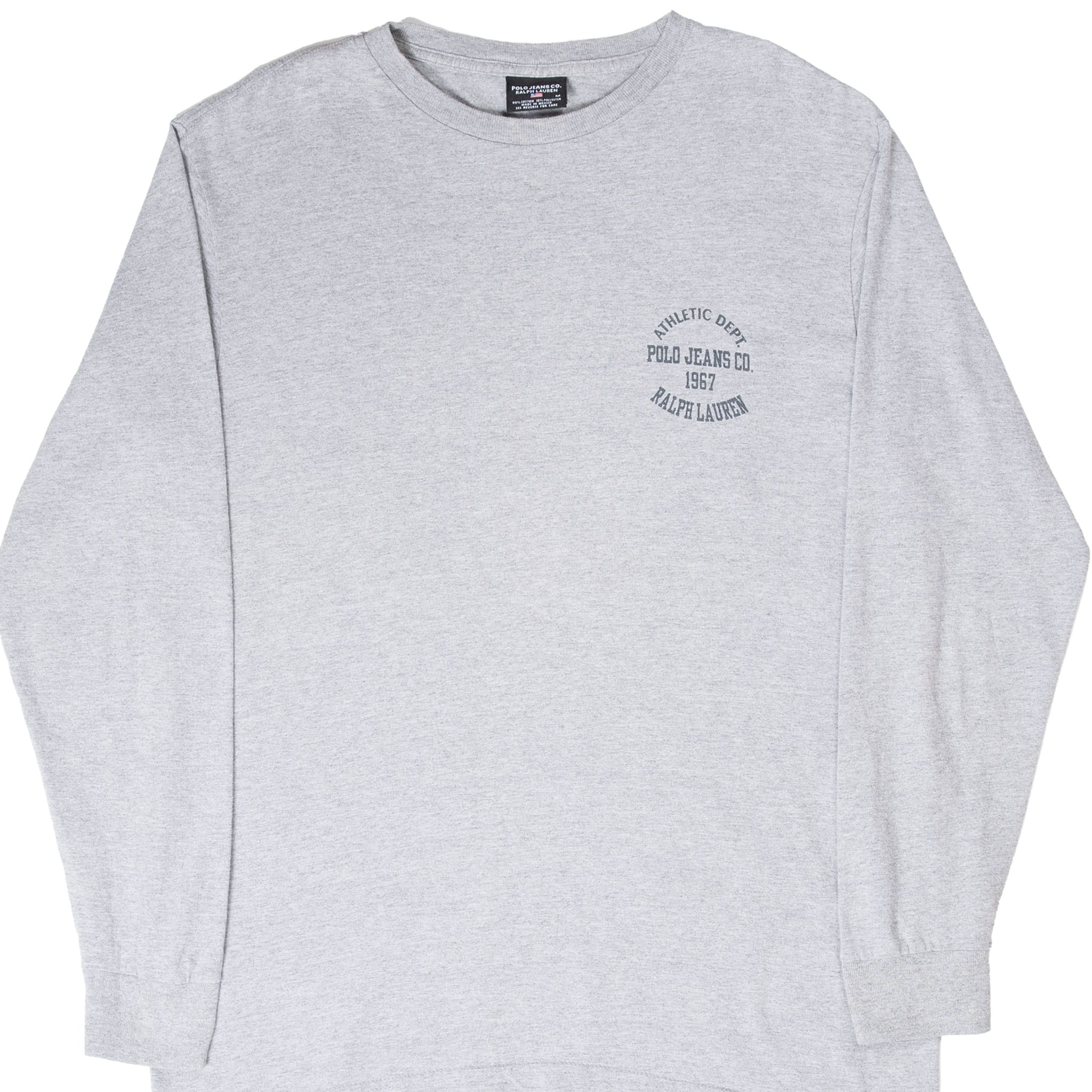 Front of grey Polo Jeans Co. Ralph Lauren long-sleeve T-shirt with dark chest graphic