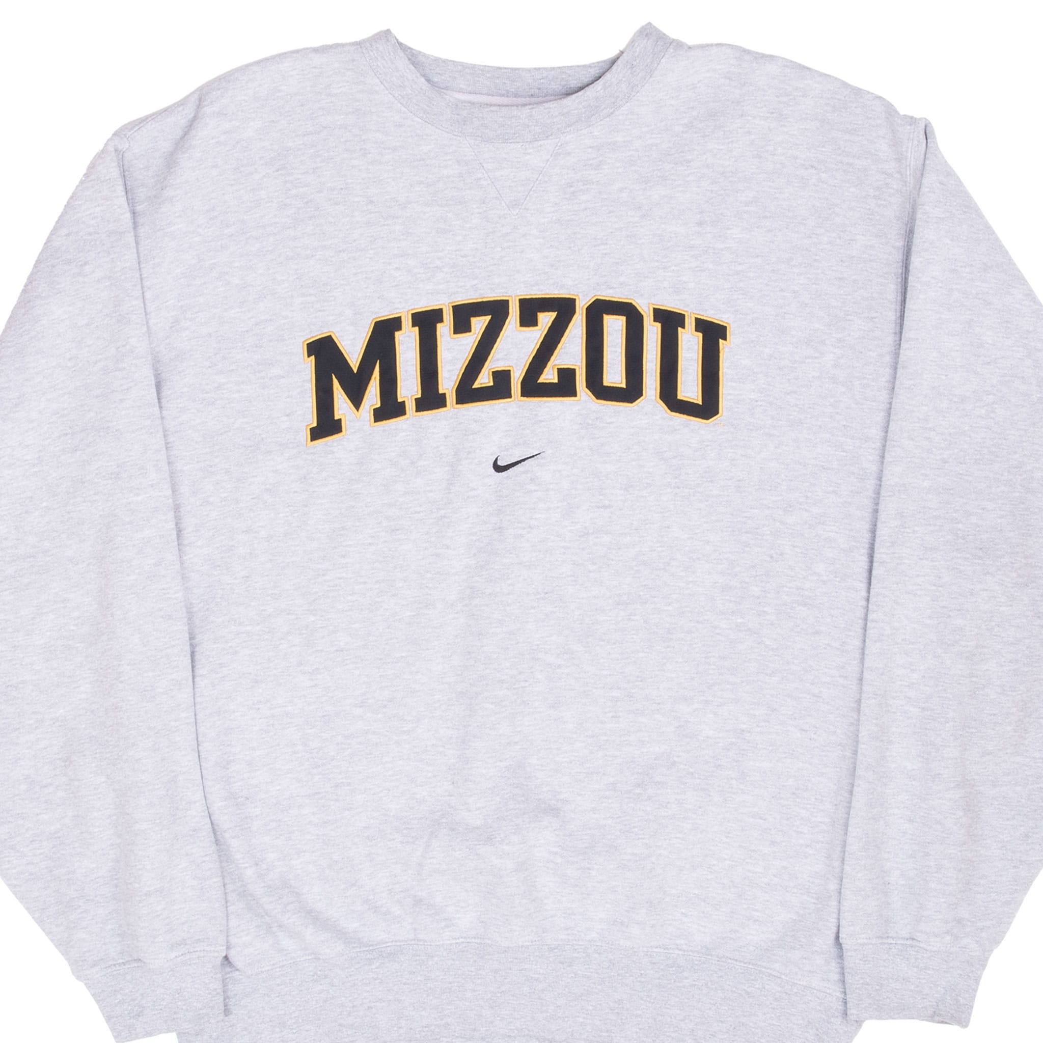 Front of grey Nike Missouri Mizzou crewneck with black and gold lettering and Swoosh