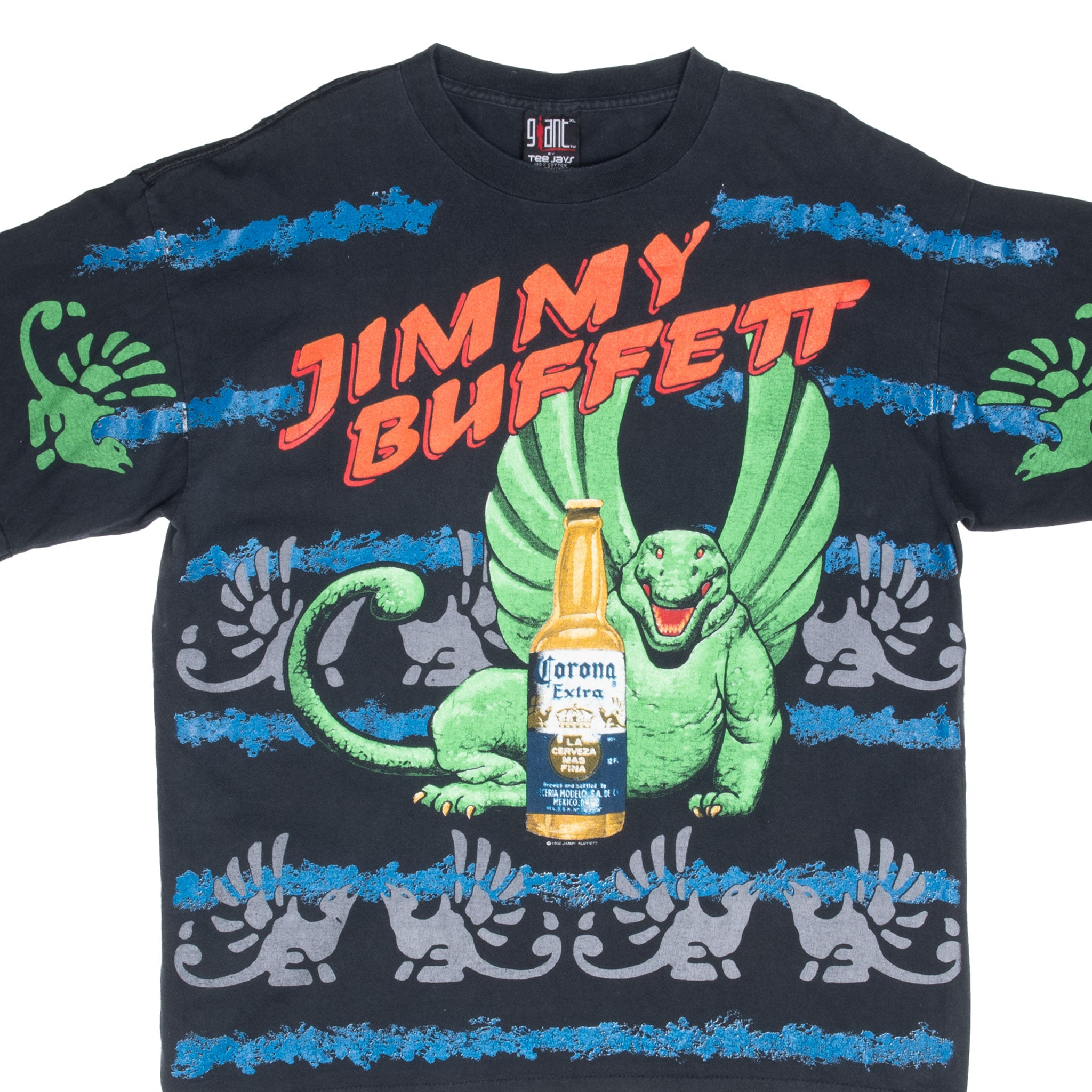 Vintage Jimmy Buffett Corona Extra All Over Print 1992 Tee Shirt Size XL Made In Usa With Single Stitch Sleeves